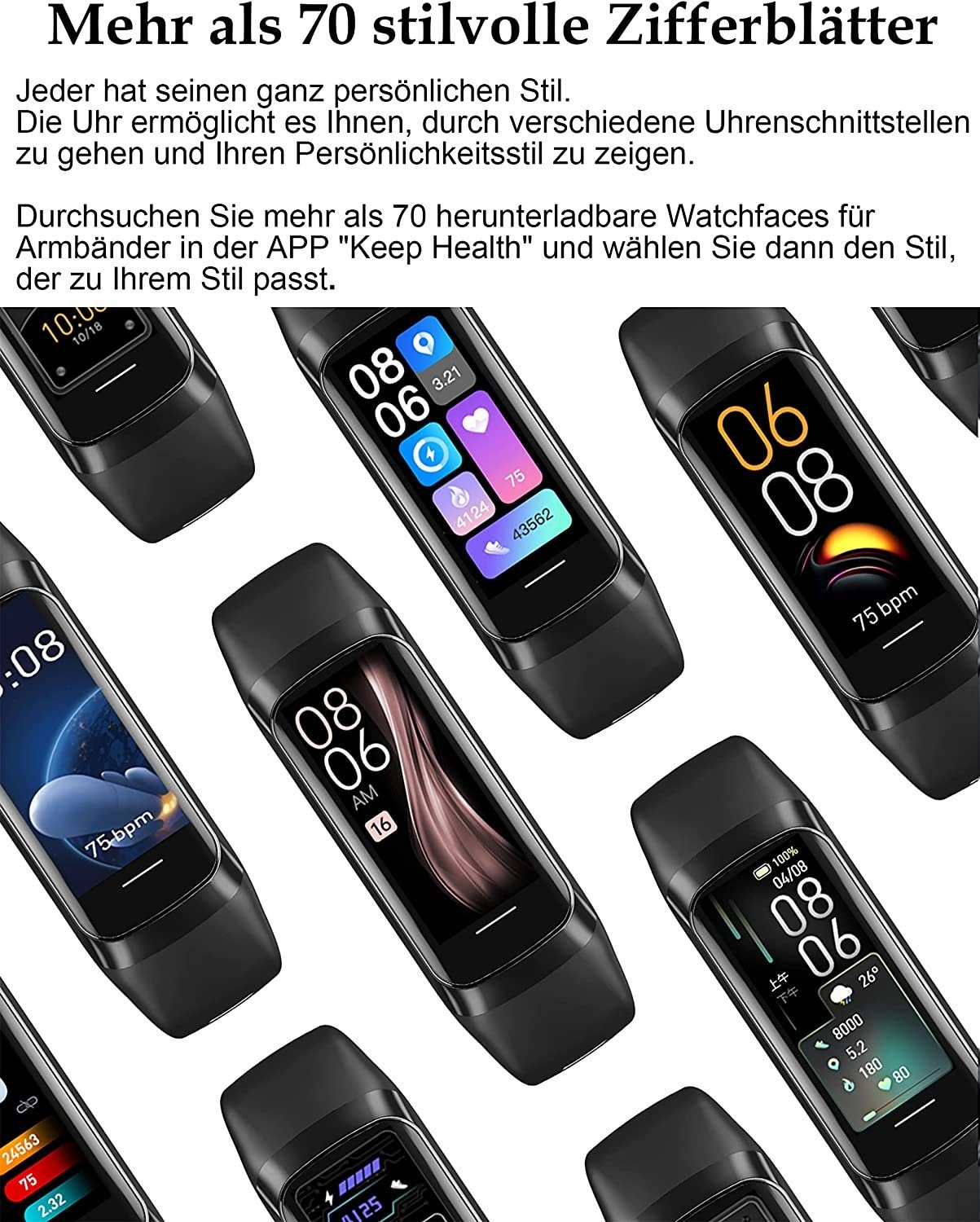 Mehrere Smartwatches mit verschiedenen Displays. Text: 70+ Zifferblätter. Anzeige zeigt Zeit, Herzfrequenz, Datum und mehr.