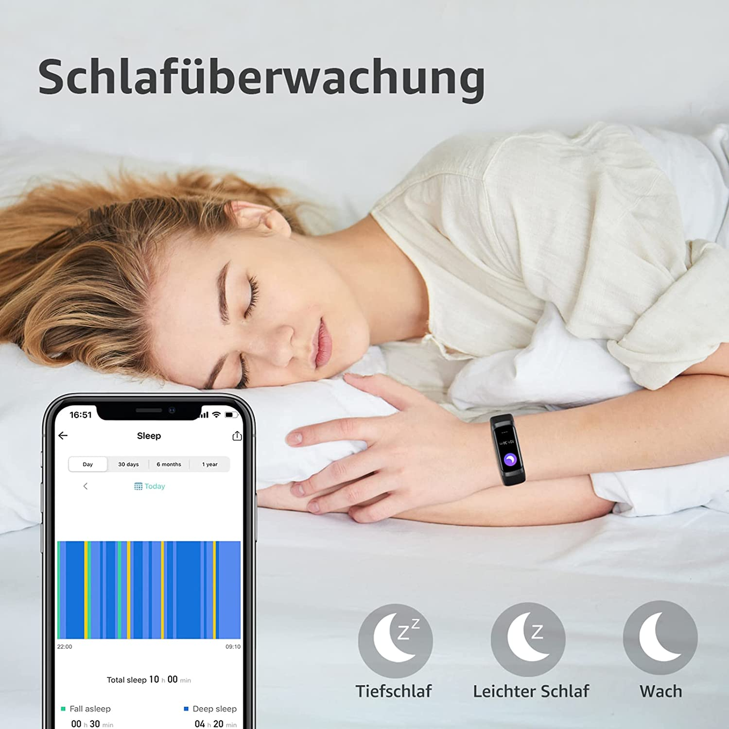 Schlafende Frau mit Schlaftracker, zeigt Schlafphasen, auf weißem Hintergrund.