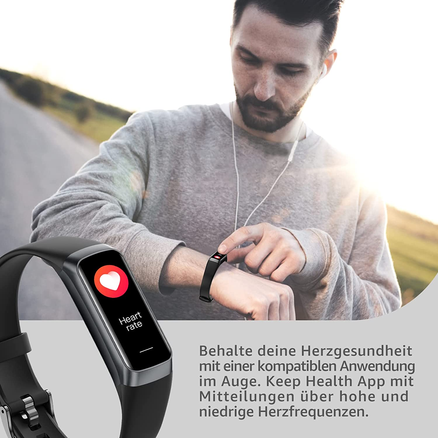 Mann berührt eine Smartwatch, die eine Herzfrequenz anzeigt. Der Mann läuft auf einer Straße. Die Uhr ist schwarz.