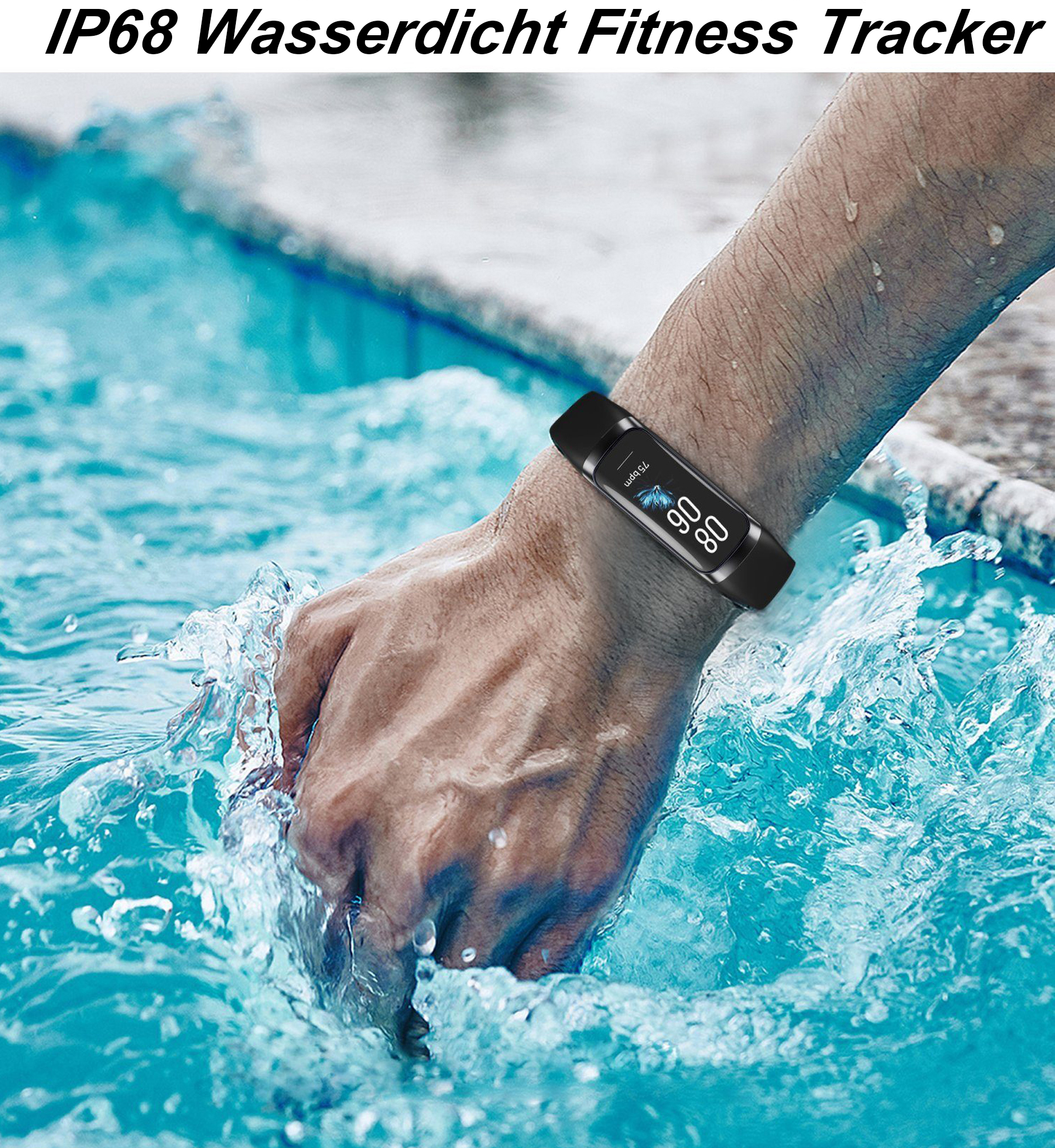 Ein Handgelenk mit einem schwarzen Fitnesstracker in spritzendem Wasser.
