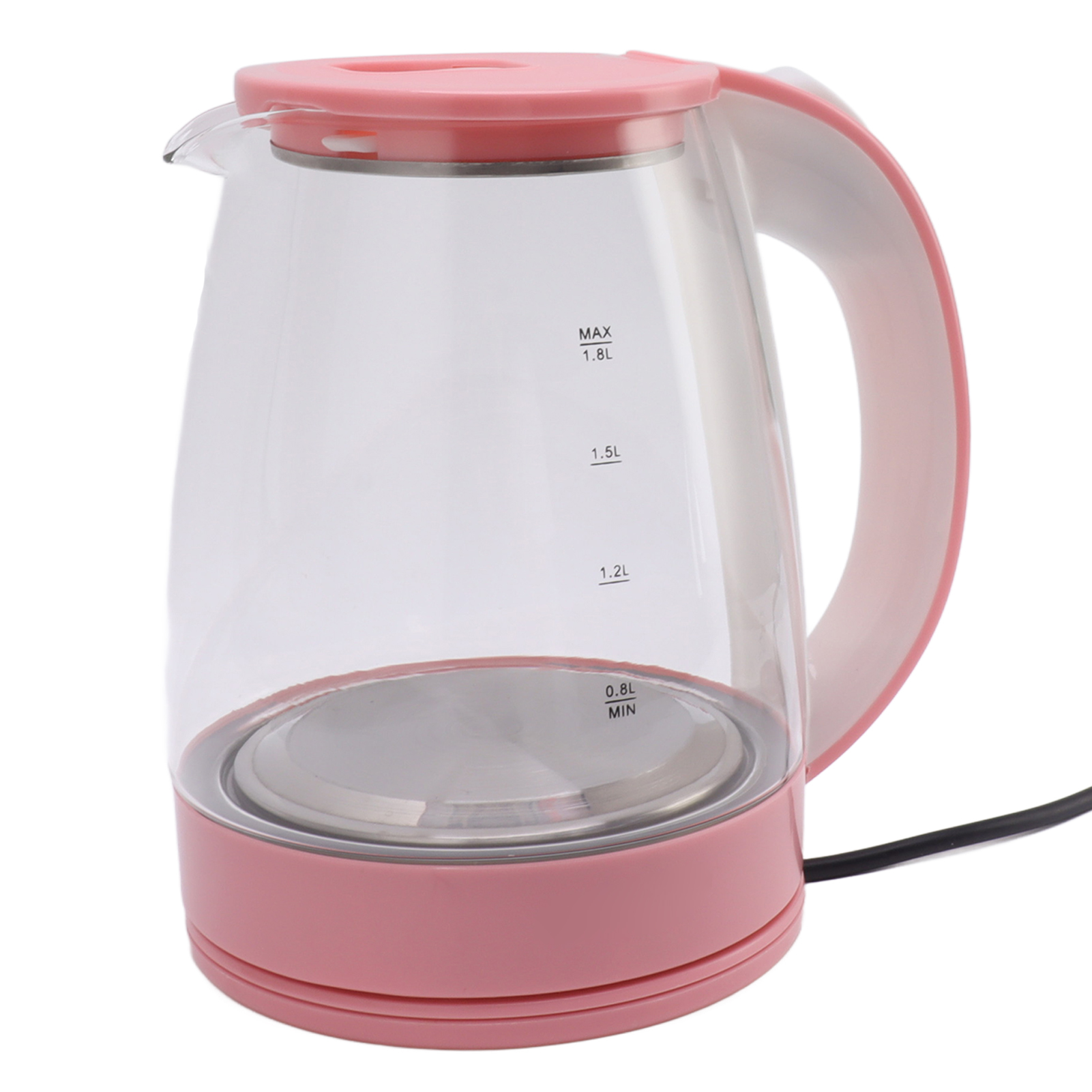 Ein durchsichtiger Wasserkocher mit rosa Basis und Griff, mit Wasserstandmarkierungen. Schwarzes Kabel ist befestigt.