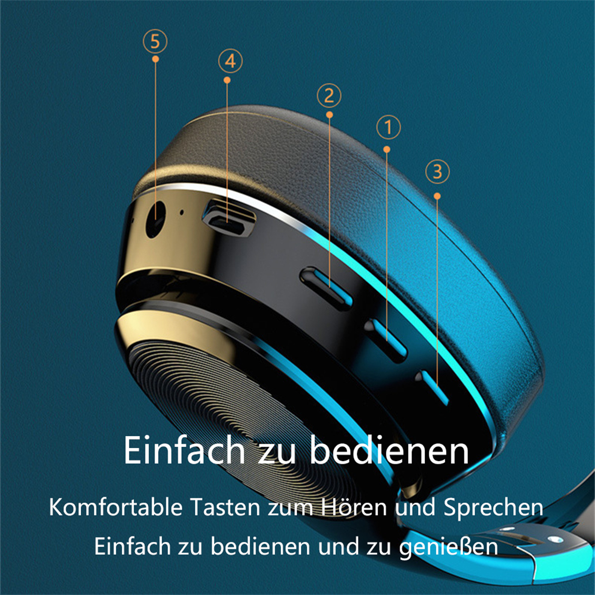 Nahaufnahme schwarzer Kopfhörer mit Text, der einfache Bedienung und komfortable Tasten beschreibt.