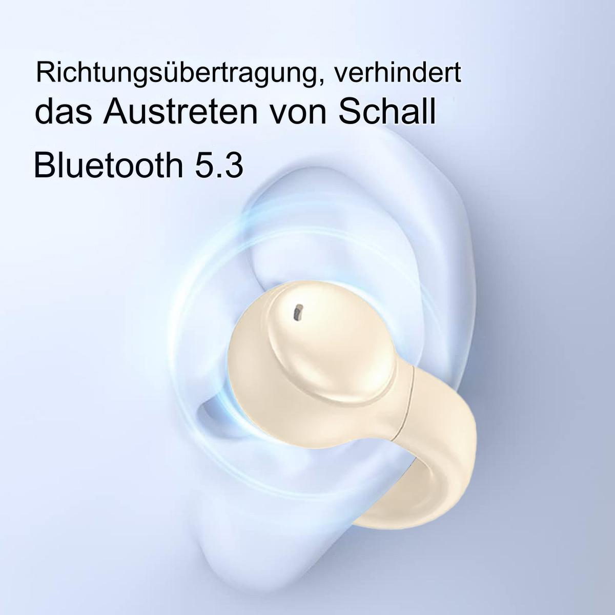 Beige Ohrhörer in weißem Etui, mit deutschem Text zu Bluetooth 5.3.