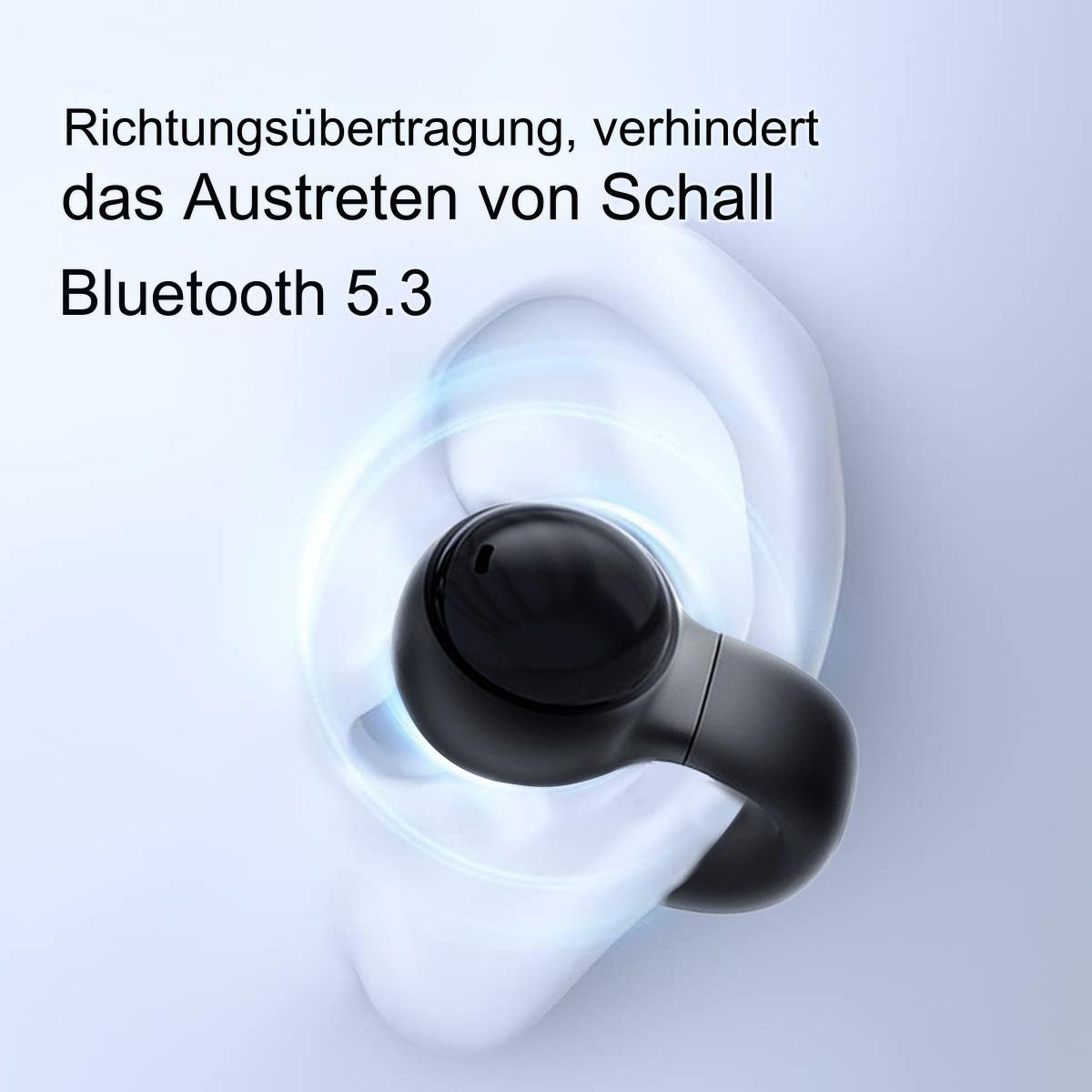 Schwarzer Ohrhörer im Ohr. Text: Gerichteter Klang verhindert Schallverlust. Bluetooth 5.3.