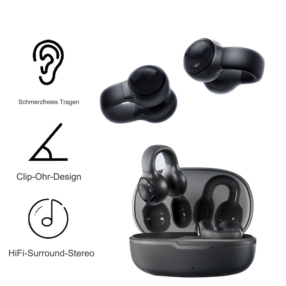Schwarze kabellose Ohrhörer mit Ladecase. Abbildungen zeigen Ohrpassform, Design und Stereo.