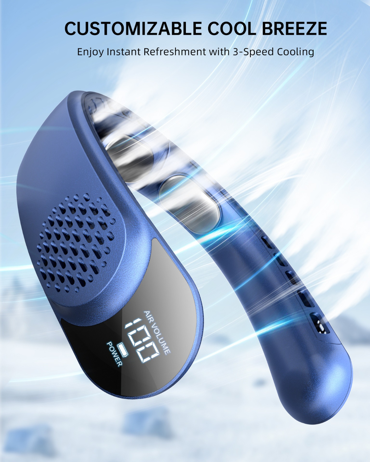 Blauer Nackenventilator mit Bildschirm, der 'AIR VOLUME' und '100' anzeigt. Anpassbarer kühler Wind mit 3 Geschwindigkeiten.