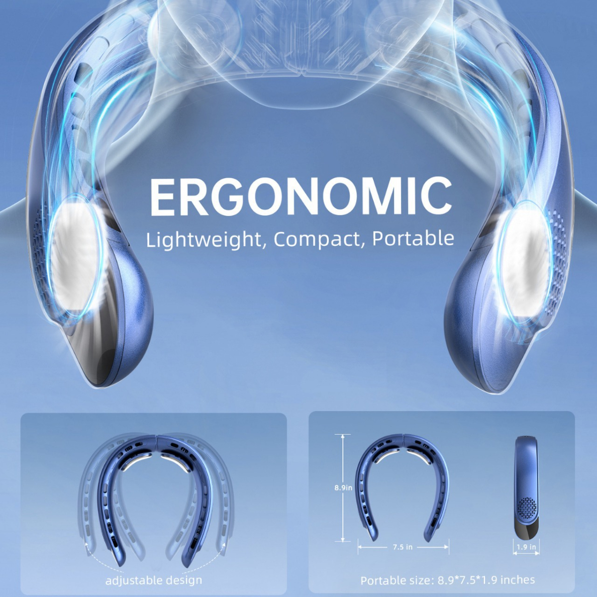 Blauer Nackenventilator mit Illustrationen. Text sagt 'ERGONOMISCH'. Drei Einsetzbilder zeigen verschiedene Ansichten und Größe.