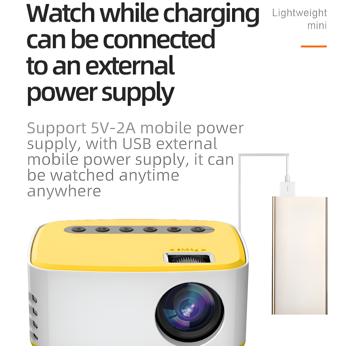 Gelber und weißer Projektor, verbunden mit einer Powerbank. Der Text lautet: Während des Ladens ansehen.