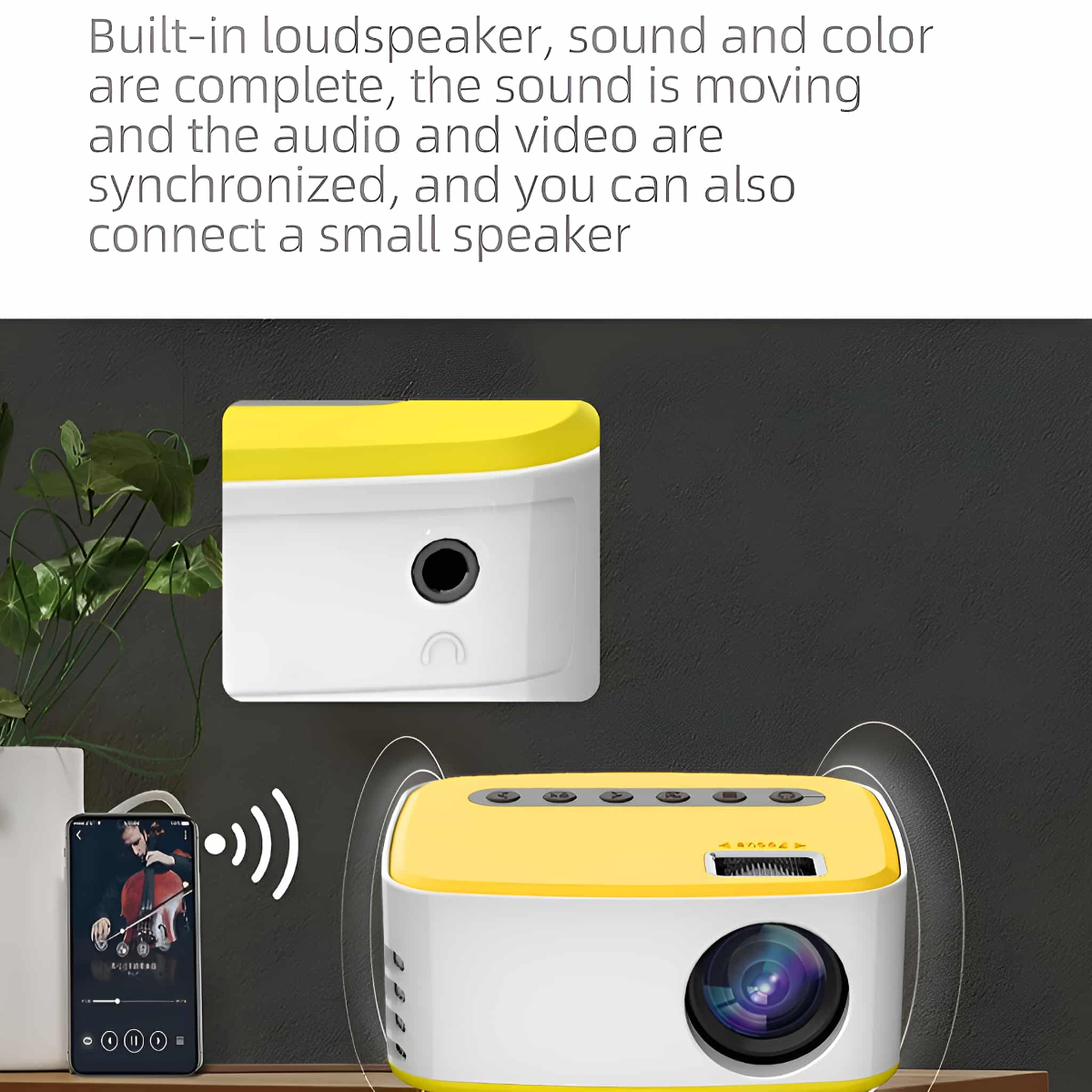 Ein weißer und gelber Projektor mit einem Smartphone, das eine Musikoberfläche anzeigt.