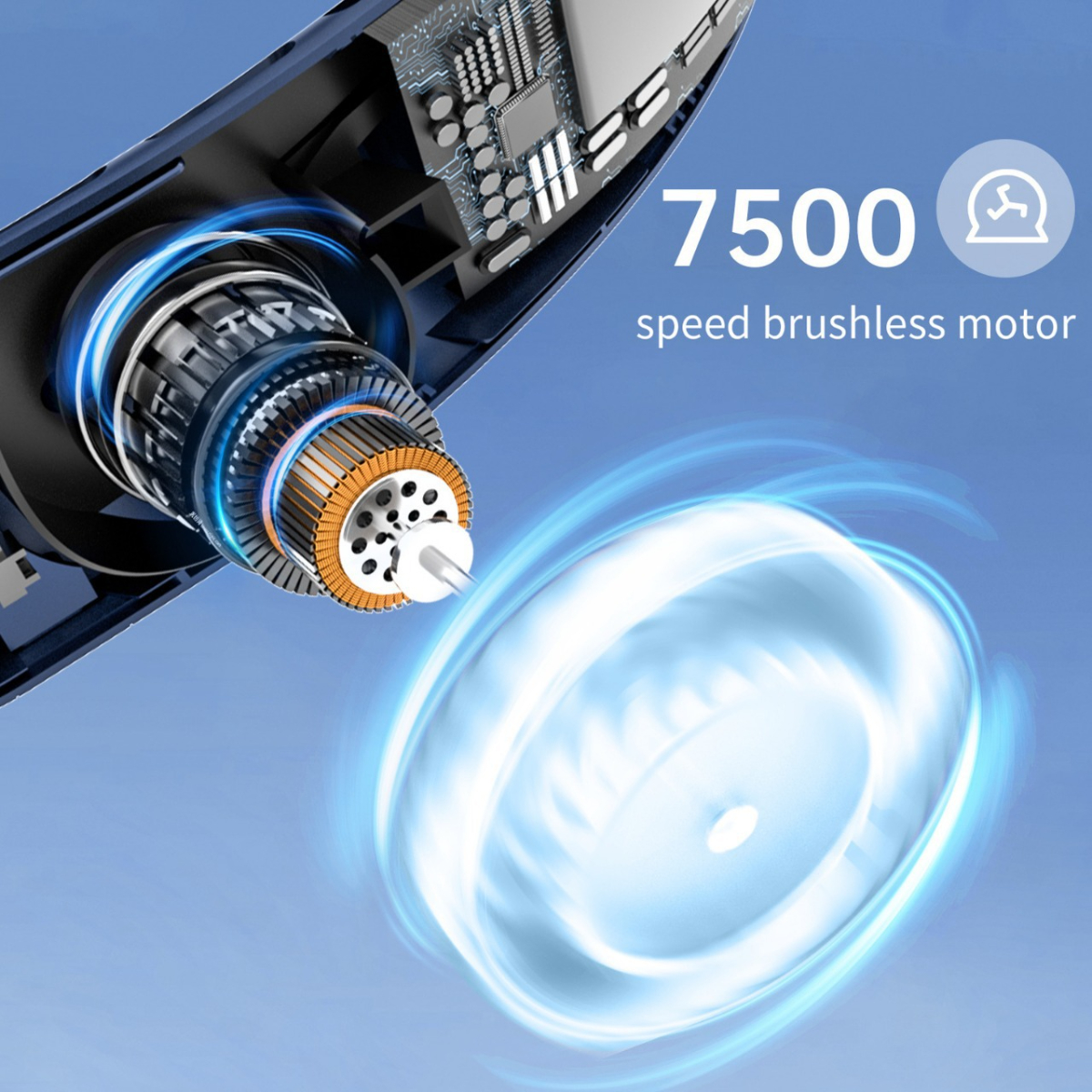 Nahaufnahme einer Maschine mit blauem Hintergrund mit Text, der 7500 speed brushless motor sagt.