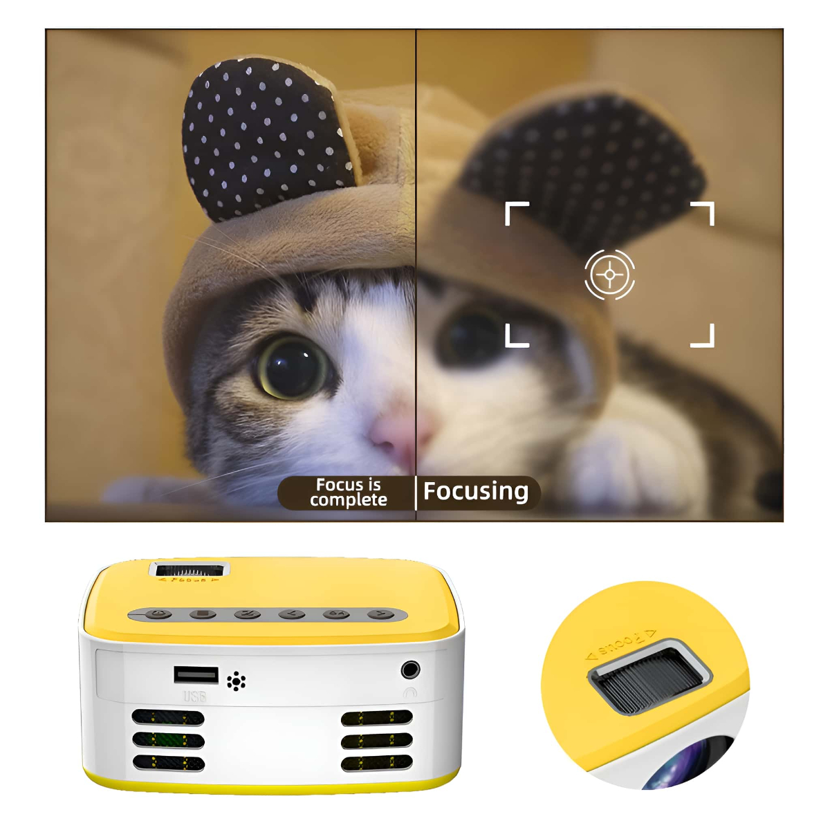 Projektor mit Katzenbild und Fokus-Anpassungs-Interface, gelb-weißes Design.