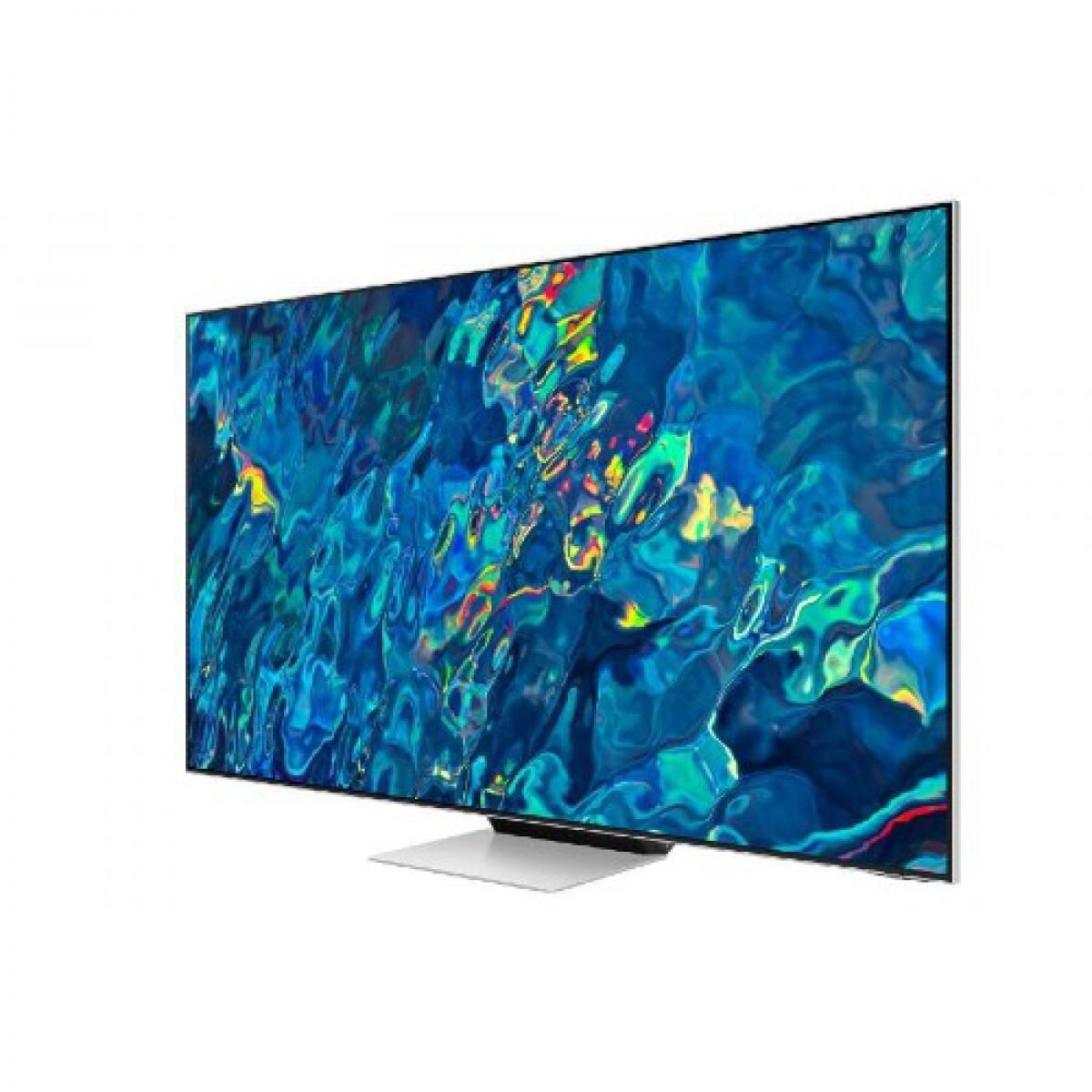 Un televisor negro grande con una pantalla azul y blanca. El soporte es plateado.