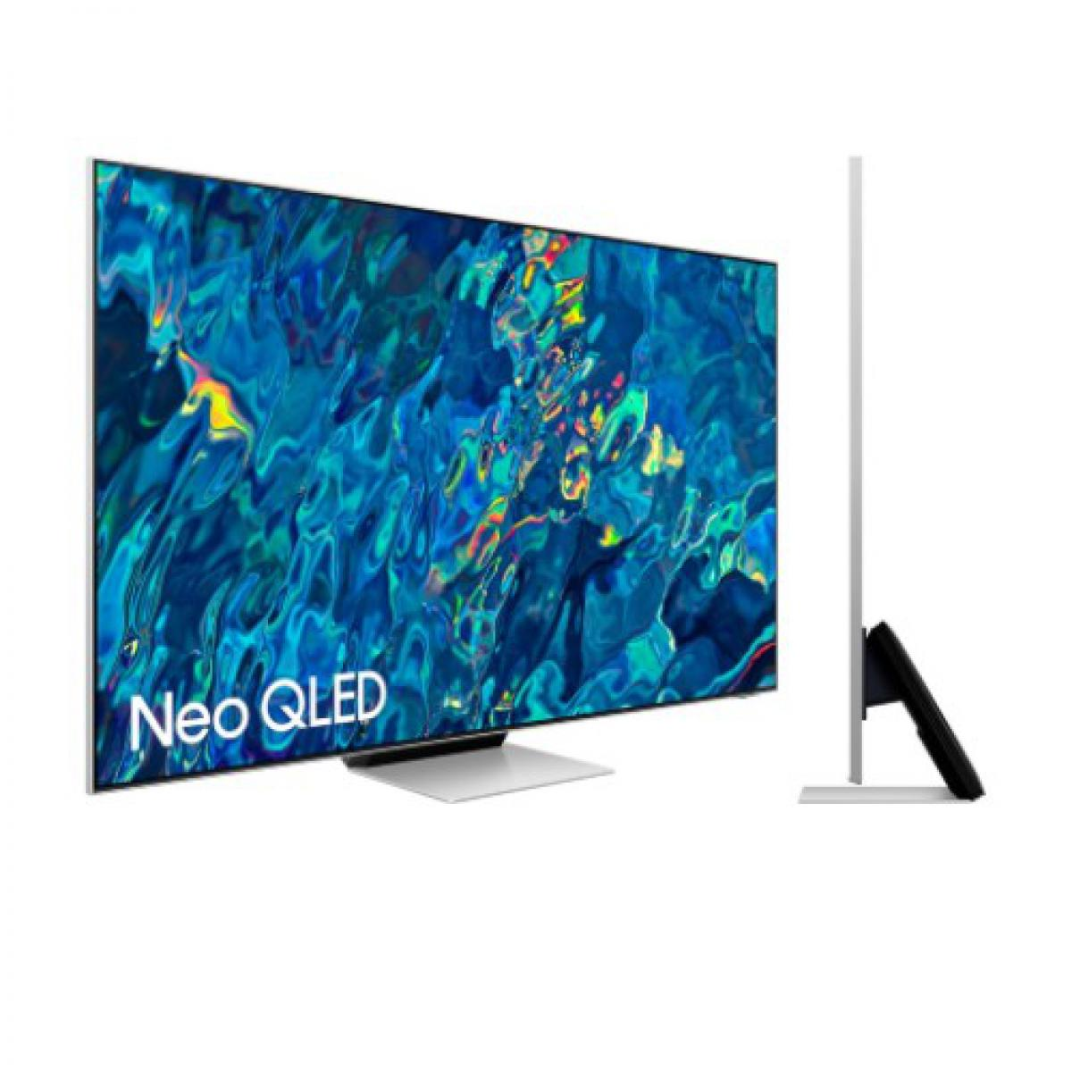 Televisor Neo QLED. La pantalla muestra arte abstracto azul y verde. TV sobre soporte.