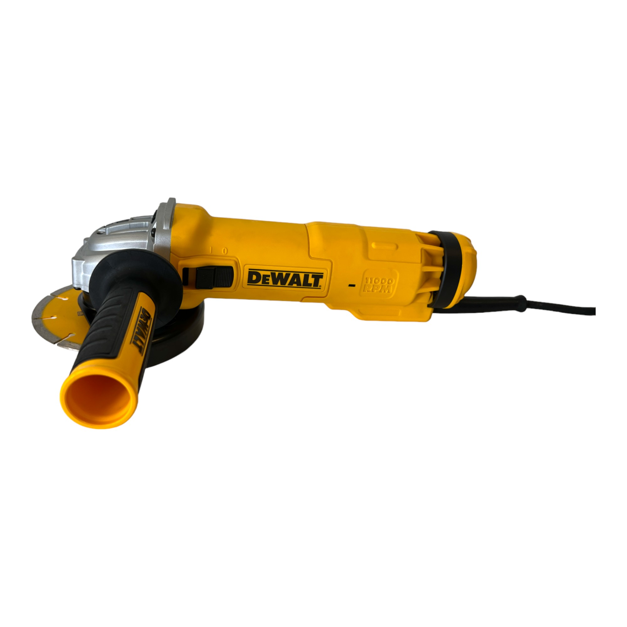 Una amoladora angular DeWalt amarilla. La amoladora tiene un mango negro y una hoja circular.