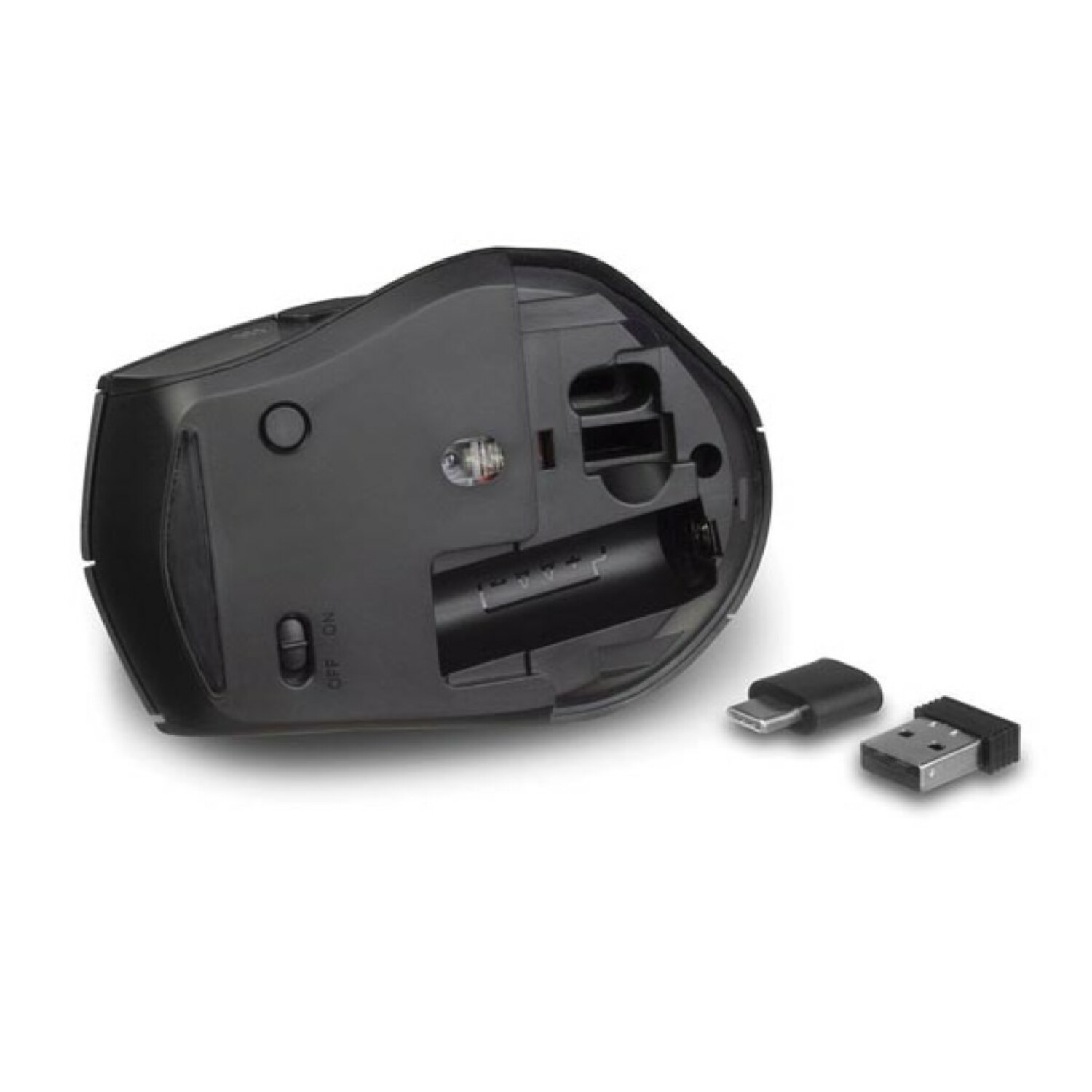 Eine schwarze kabellose Maus mit offenem Batteriefach, das eine Batterie und einen USB-Empfänger zeigt.