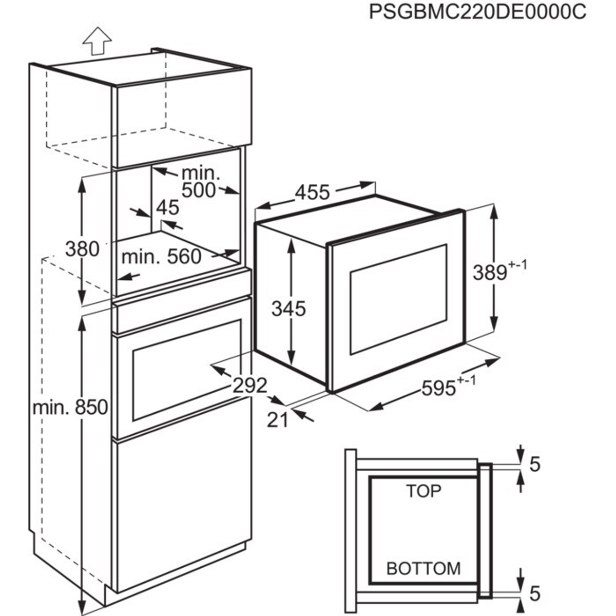 Diagramma di un microonde e forno a incasso, con dimensioni ed etichette.