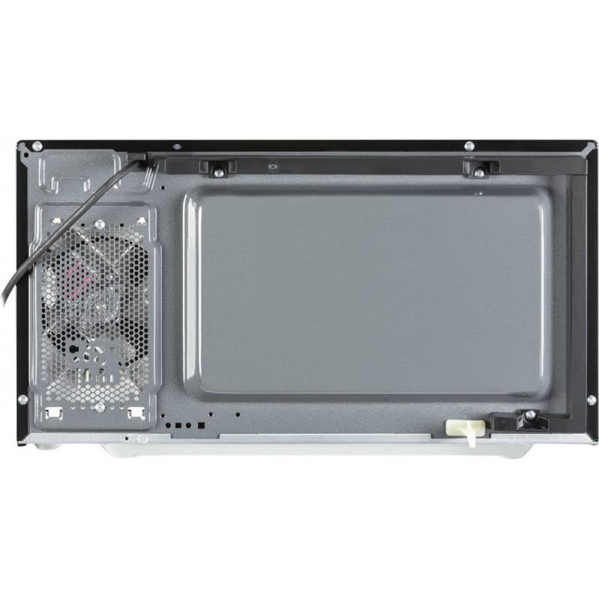Parte inferior de microondas. Muestra ventilador, rejillas y un interior gris. Cable alimentación y pieza plástico blanco visibles.