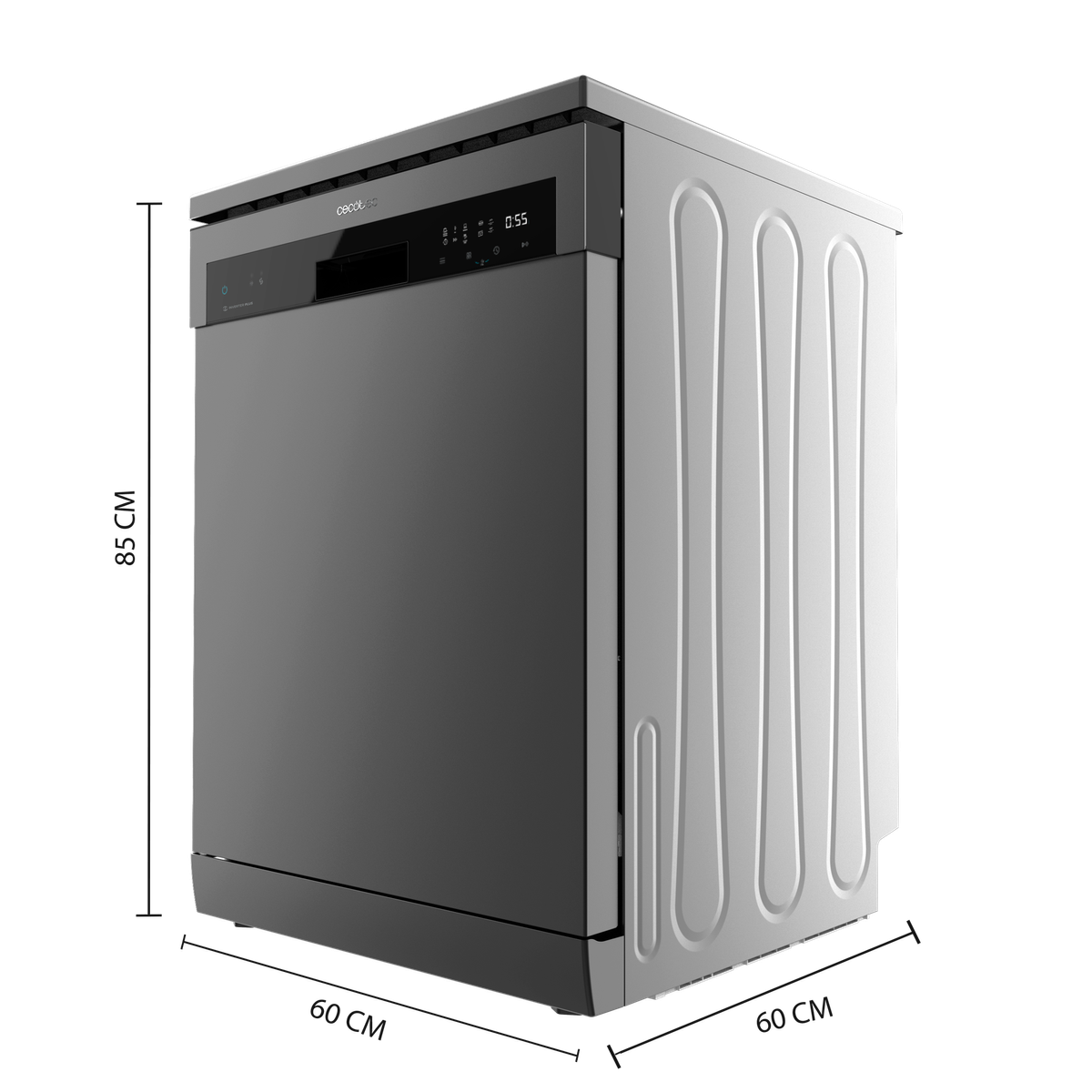 Szara zmywarka, widok z boku, z wymiarami. Widoczny panel przedni i panel sterowania.