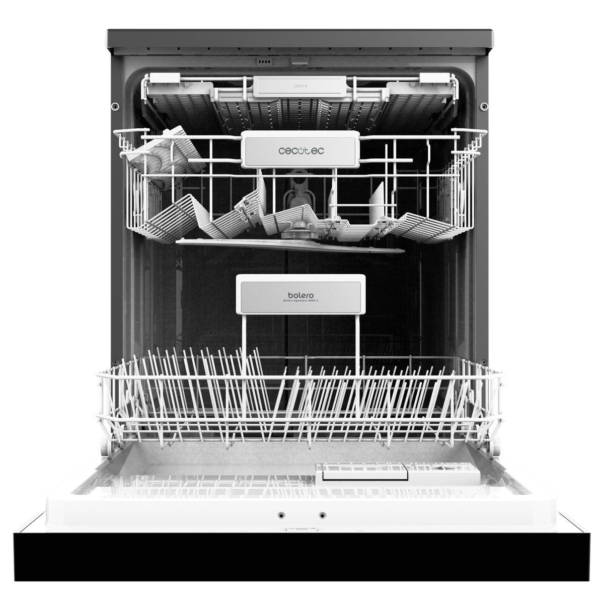 Wnętrze otwartej zmywarki. Widoczne kosze i ramiona natryskowe, czarne wnętrze, białe kosze na naczynia. Czarne tło.