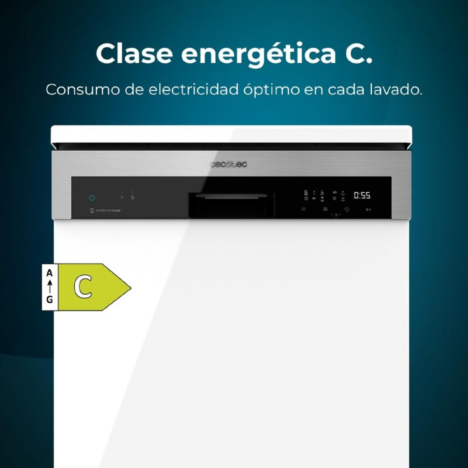 Biała zmywarka z etykietą energetyczną C. Czarny panel sterowania z tekstem i ikonami.