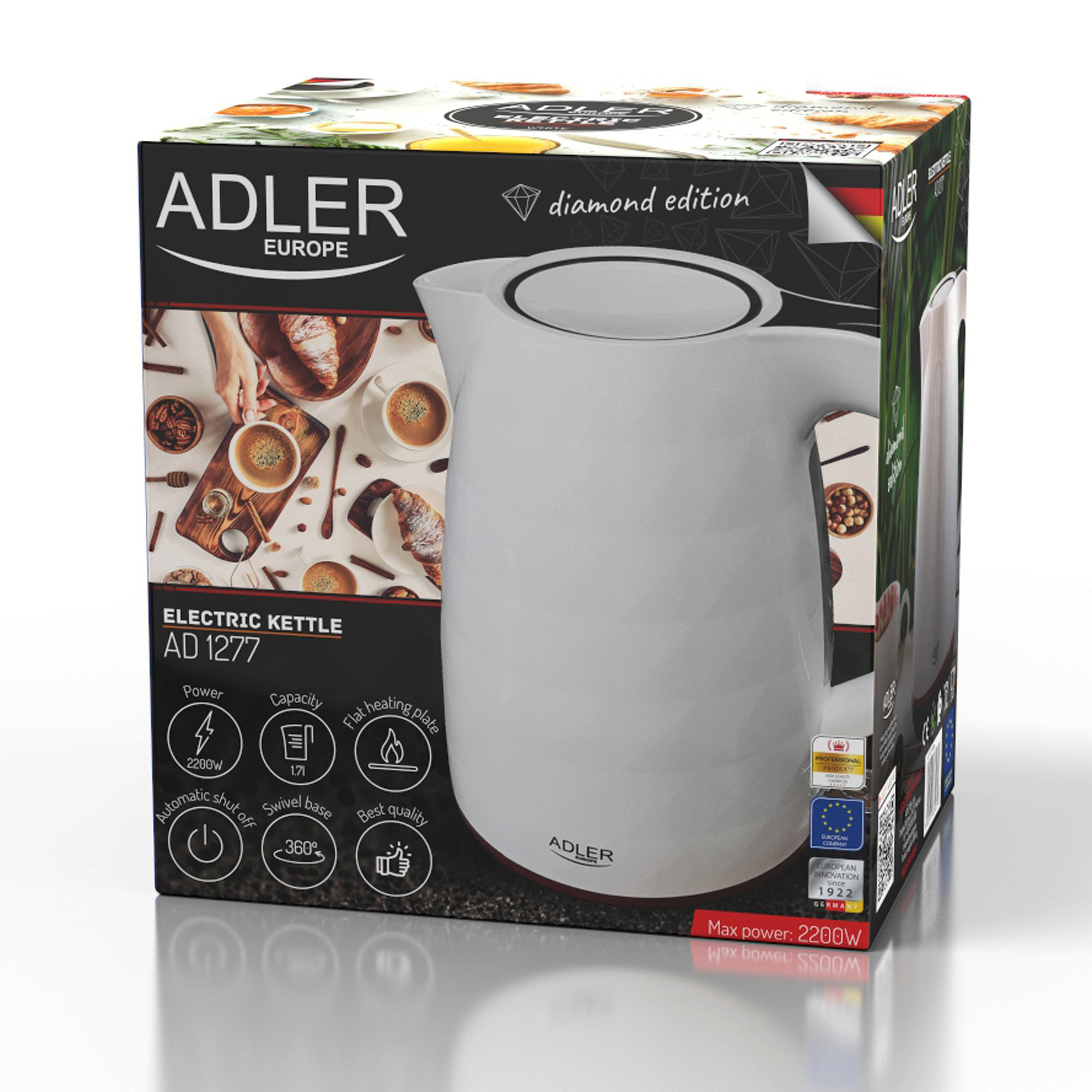 Biało-czarny czajnik elektryczny z logo ADLER. Pudełko ze szczegółami produktu.
