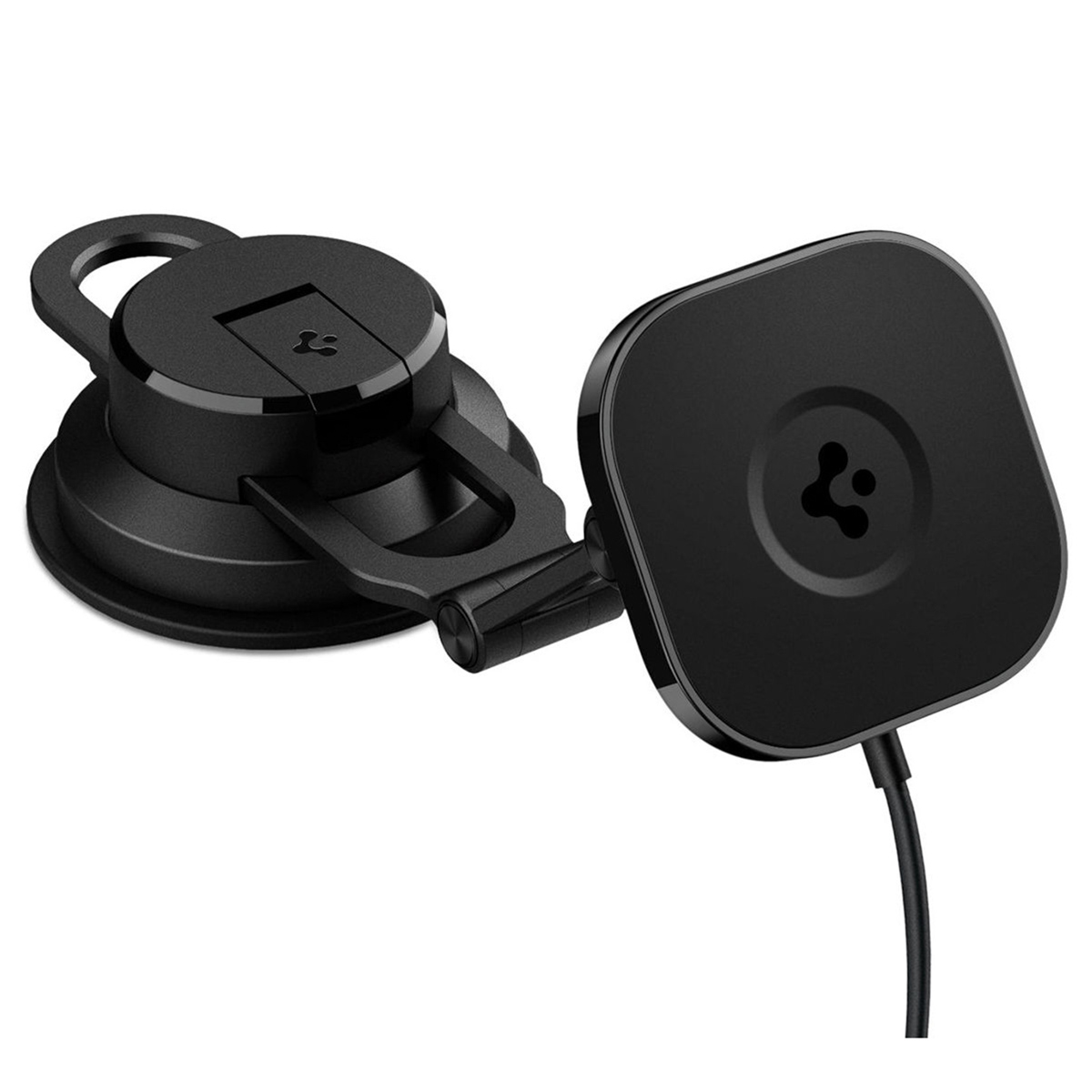 Zwarte telefoonhouder voor een auto. Het heeft een zuignap en een magnetische telefoonhouder. Witte achtergrond.