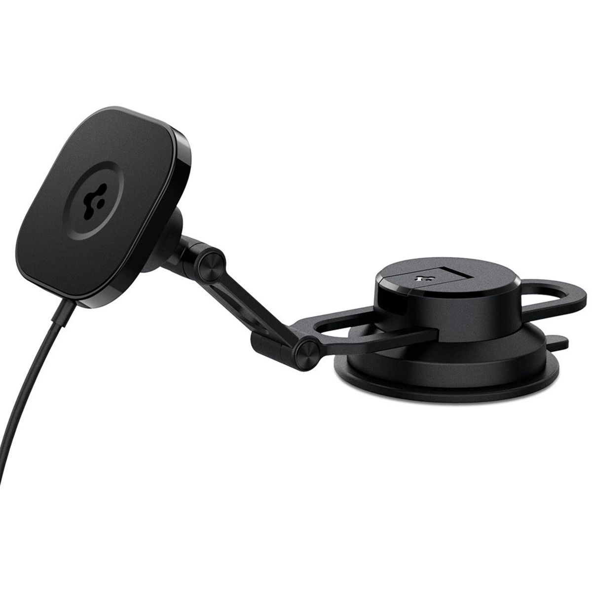 Een zwarte magnetische telefoonhouder met een zuignapvoet, schuin op een wit oppervlak.