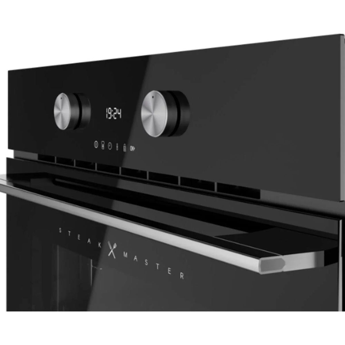 Un horno negro con dos perillas y una pantalla que muestra 19:24. La palabra "STEAK MASTER" está en él.