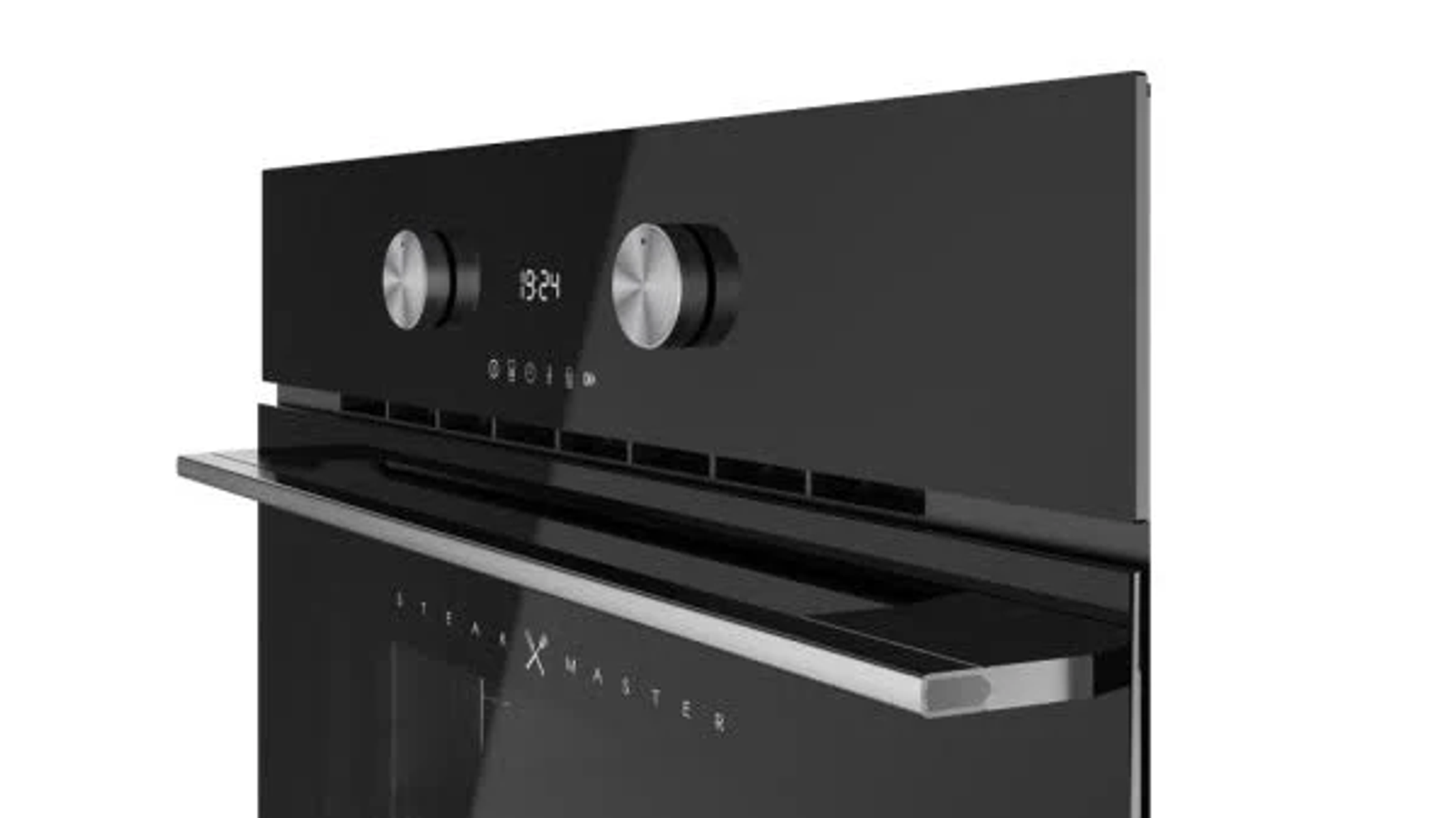 Primer plano del panel de control de un horno negro con perillas, una pantalla con 19:24 y el texto 'Steak Master'.