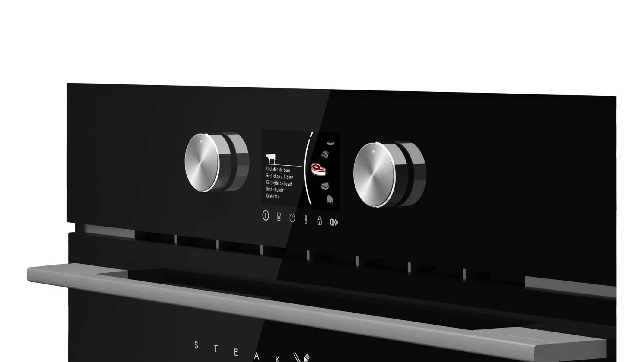 Panel de control del horno con dos perillas y una pantalla.