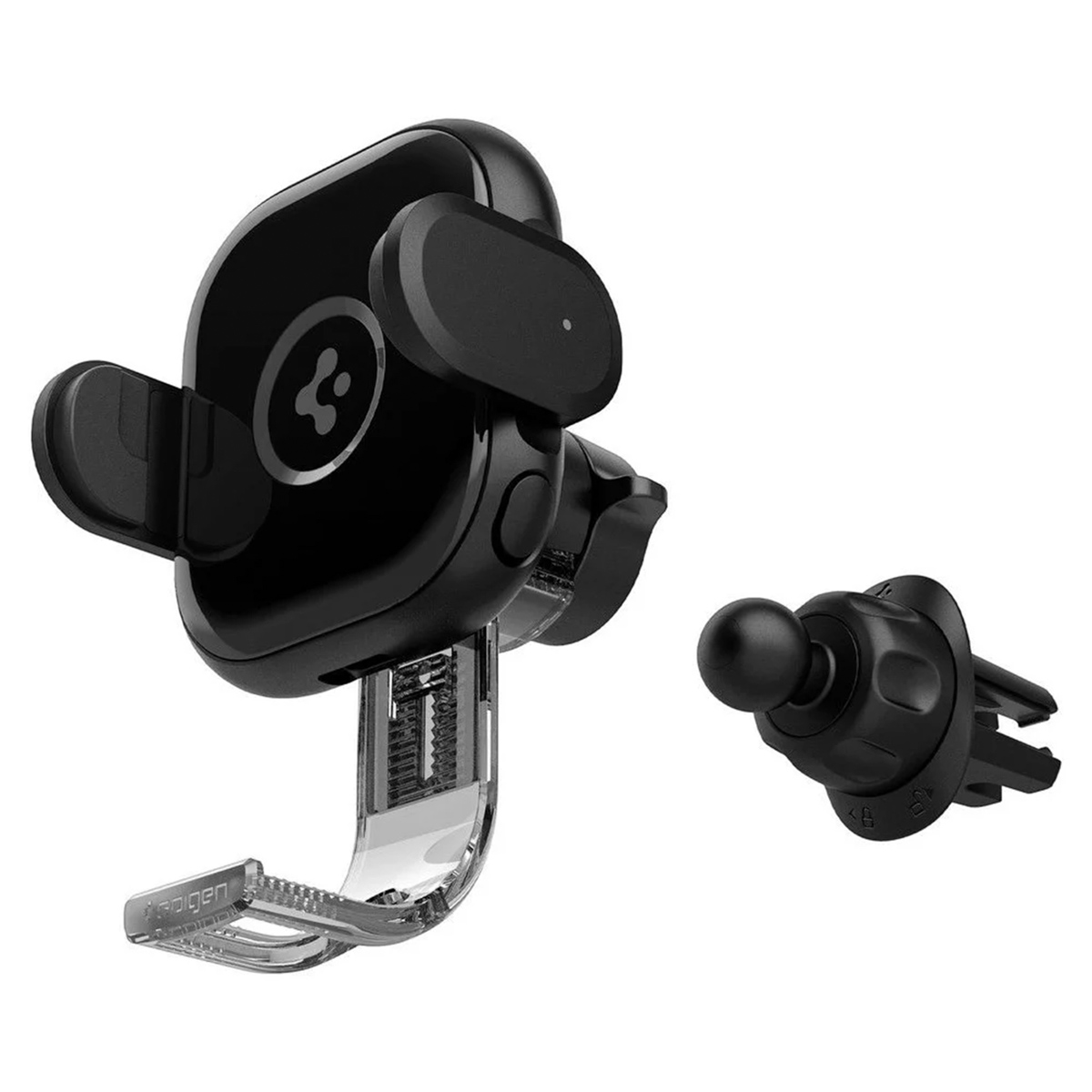 Zwarte telefoonhouder voor in de auto met ventilatiemount.