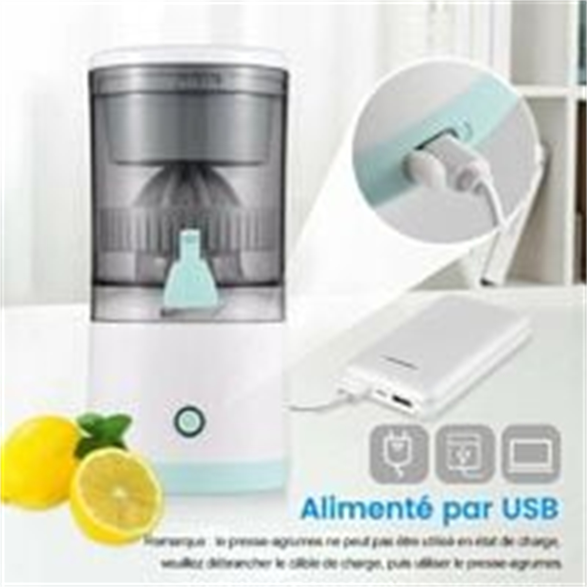 Ein weißer und blauer USB-Entsafter mit zwei Zitronen. Es gibt eine Powerbank und ein USB-Kabel.