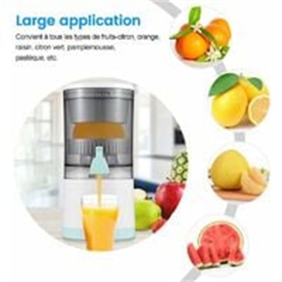 Eine Orangensaftmaschine mit Fruchtdarstellungen und einem Glas Saft auf weißem Grund.