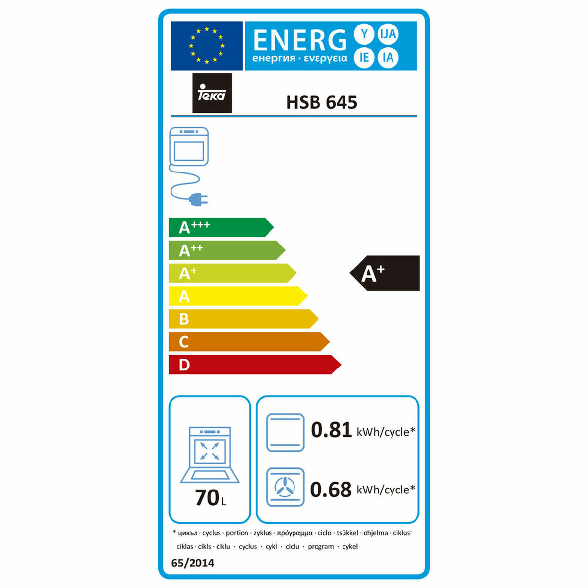Etiqueta energética para un horno Teka HSB 645. Muestra las clasificaciones y los detalles de consumo.