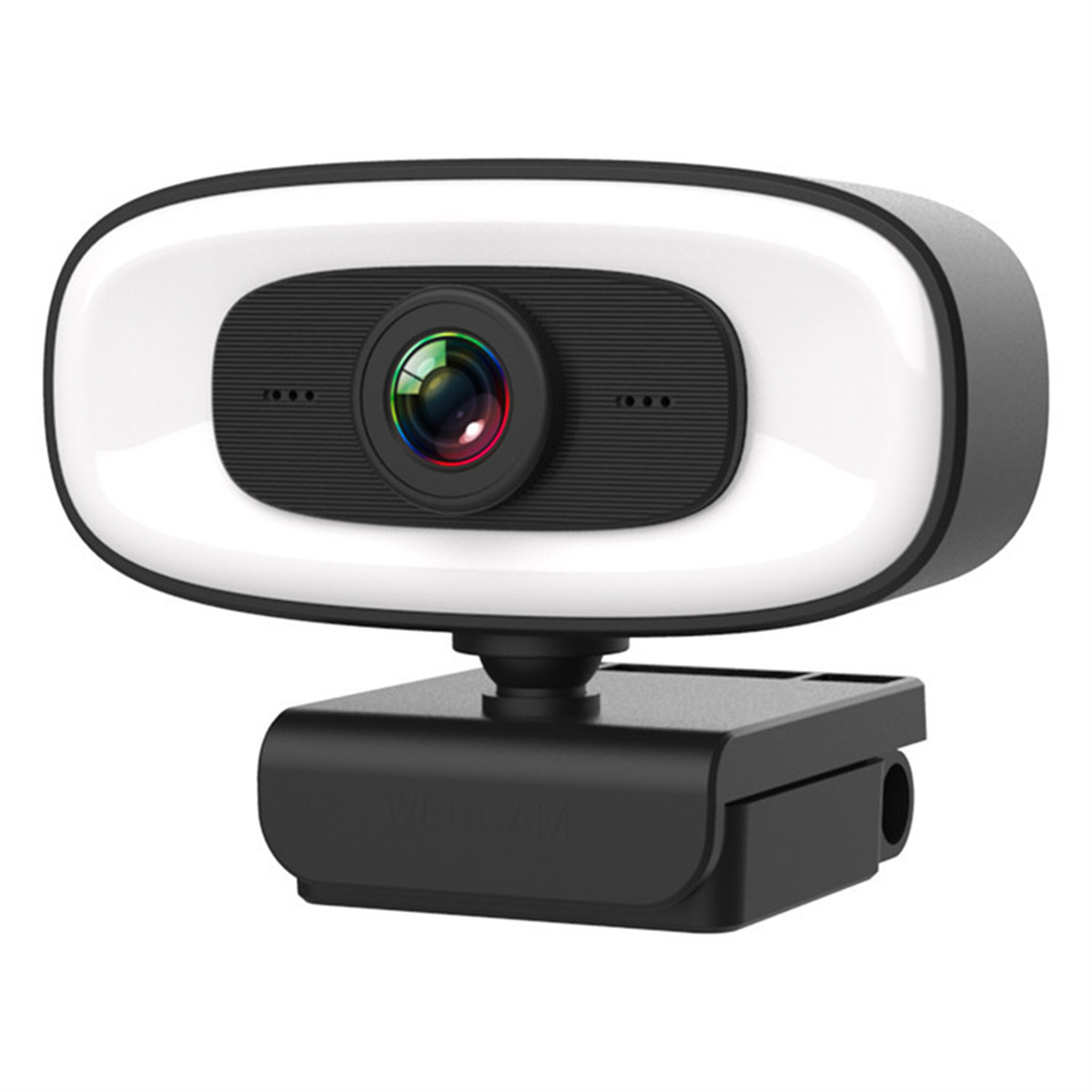 Schwarze Webcam mit weißem Lichtring um die Linse. Zeigt eine Kamera und einen Ständer.