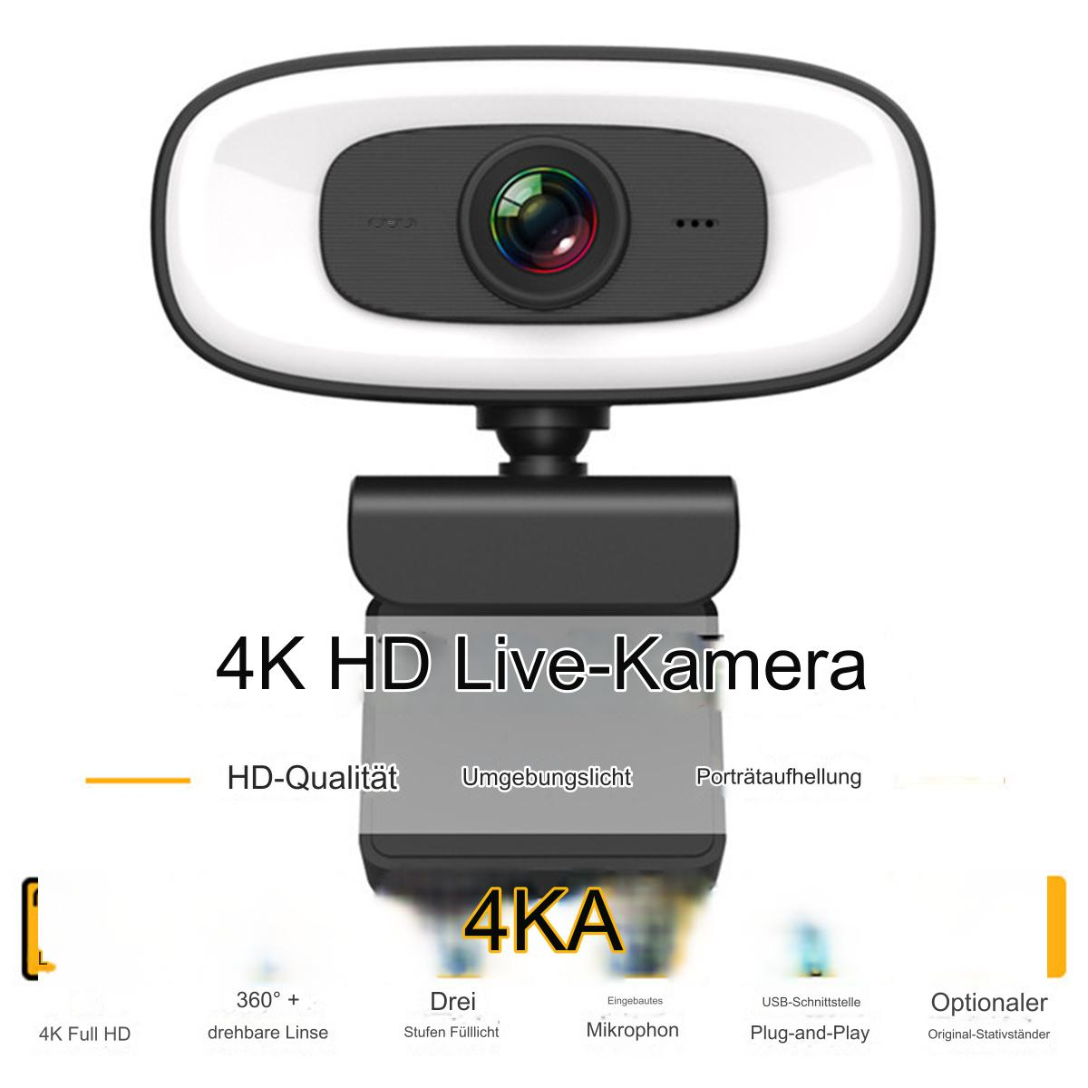 Webcam mit 4K HD und Licht. USB-Anschluss und Plug-and-Play-Funktion.