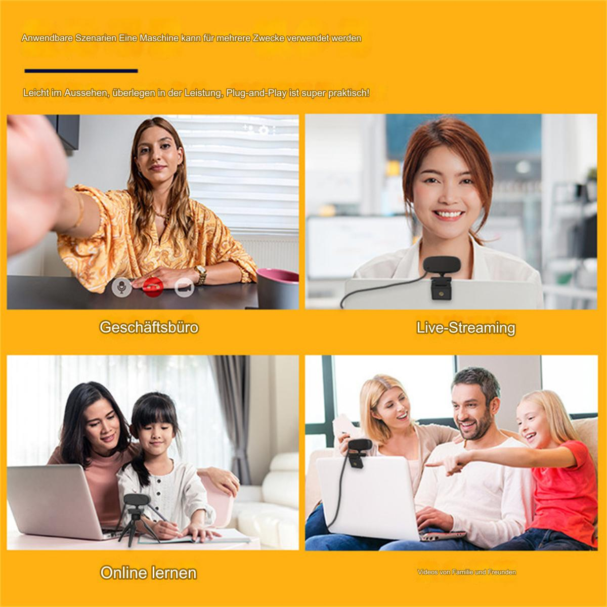 Vier Bilder, die zeigen, wie Menschen eine Webcam in verschiedenen Umgebungen nutzen, mit Text-Overlay.