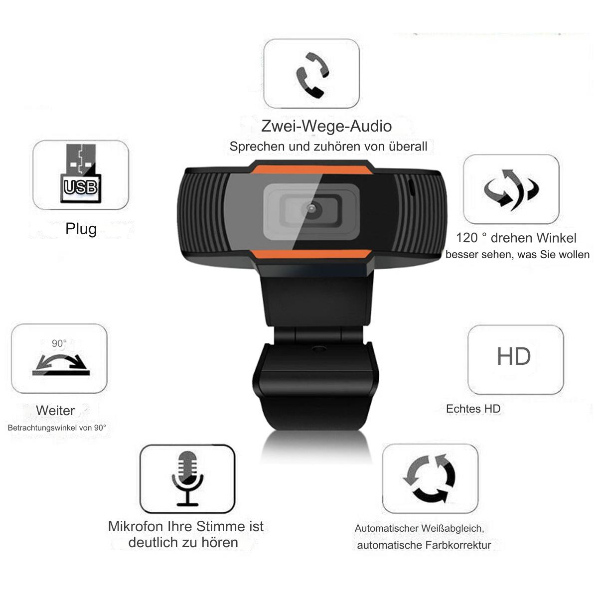 Webcam mit USB-Stecker, HD und 120-Grad-Sichtbereich. Enthält 2-Wege-Audio. Schwarz-oranges Design.
