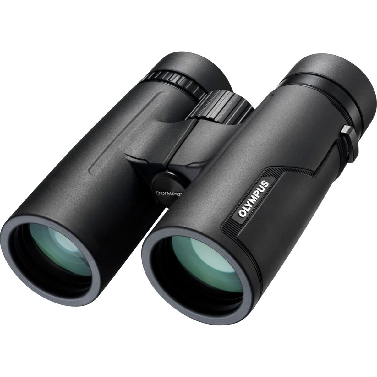Czarna lornetka z logo Olympus z boku. Soczewki są widoczne.