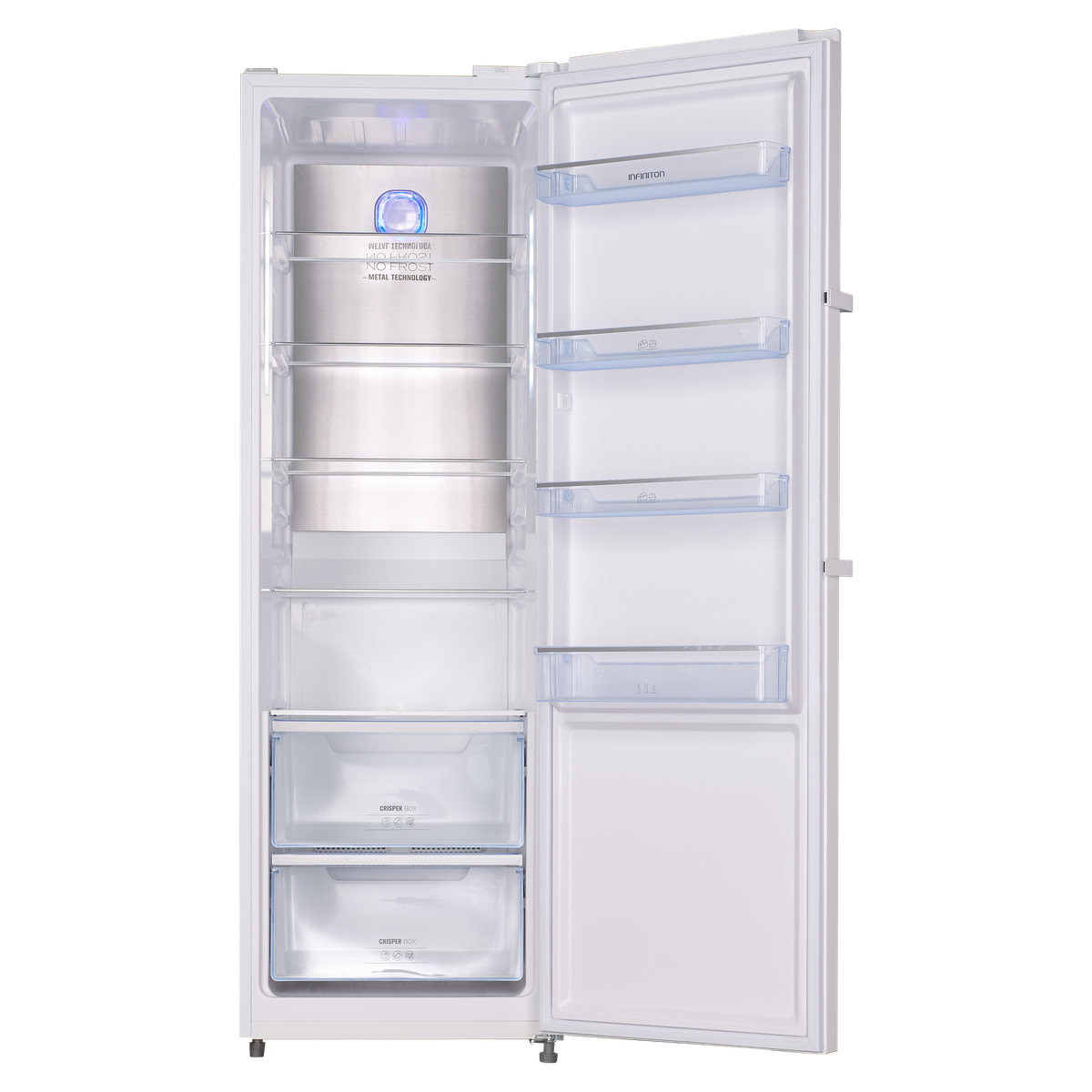 Un refrigerador blanco con la puerta abierta, mostrando estantes y cajones de verduras.