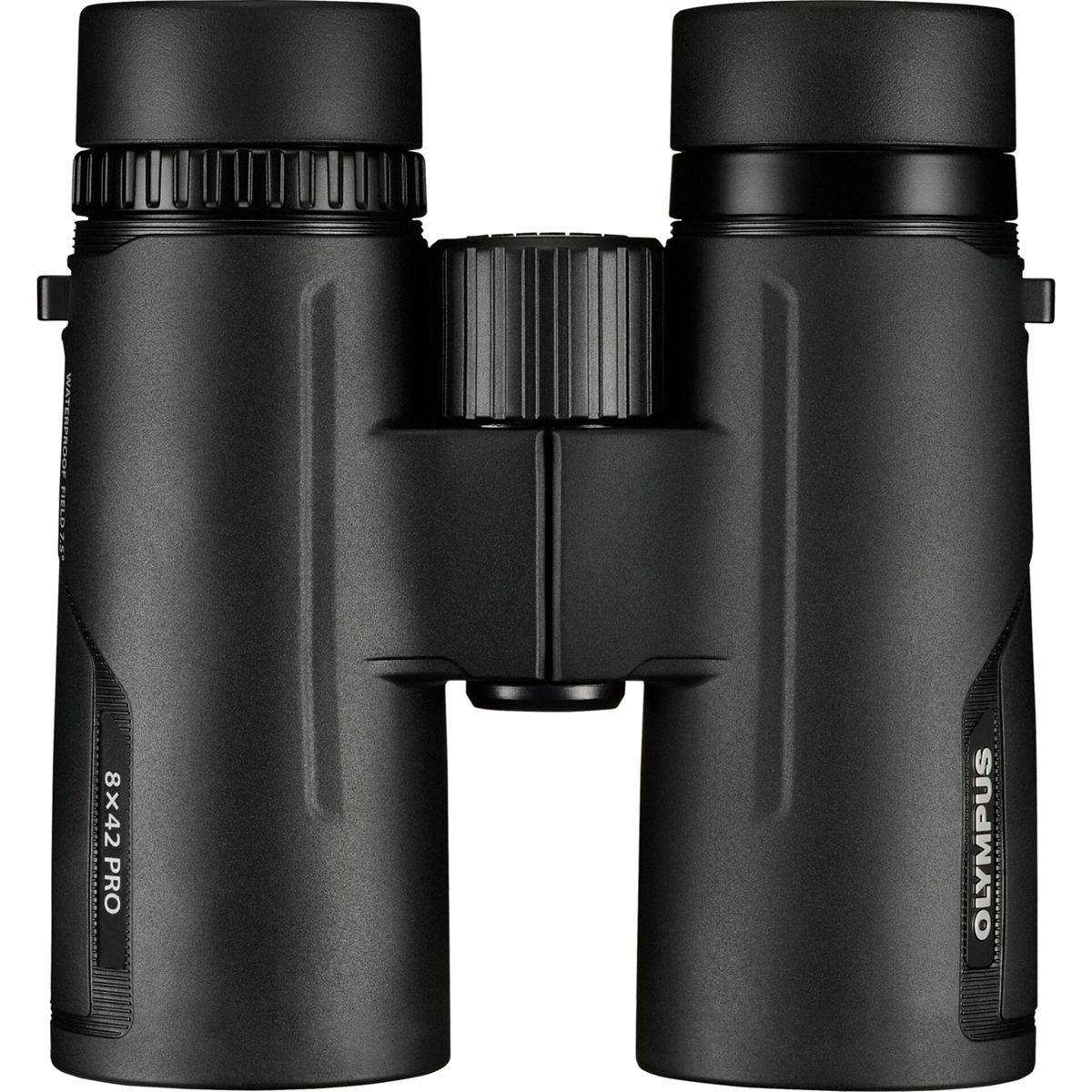 Czarna lornetka z marką Olympus. Osłony obiektywu są założone. Wodoodporne pole 8x42 PRO.