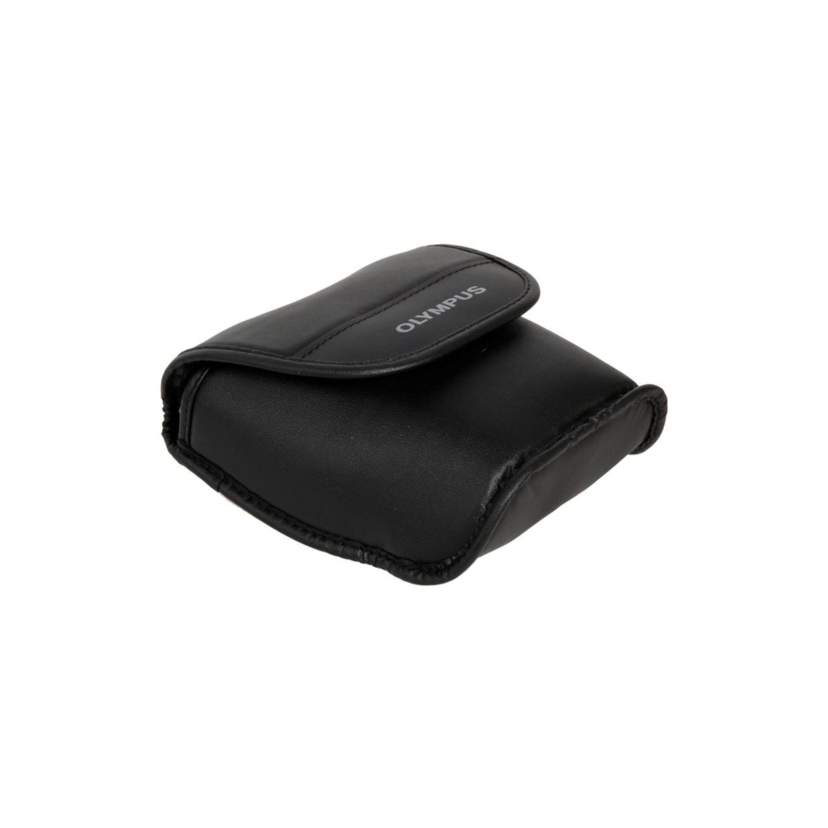 Czarne etui na aparat Olympus, zamknięte, z logo Olympus na górze.