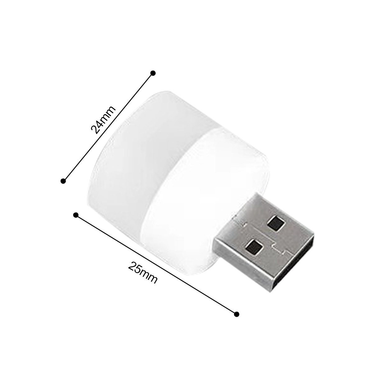 Ein weißes USB-LED-Licht mit den Abmessungen: 24 mm x 25 mm.