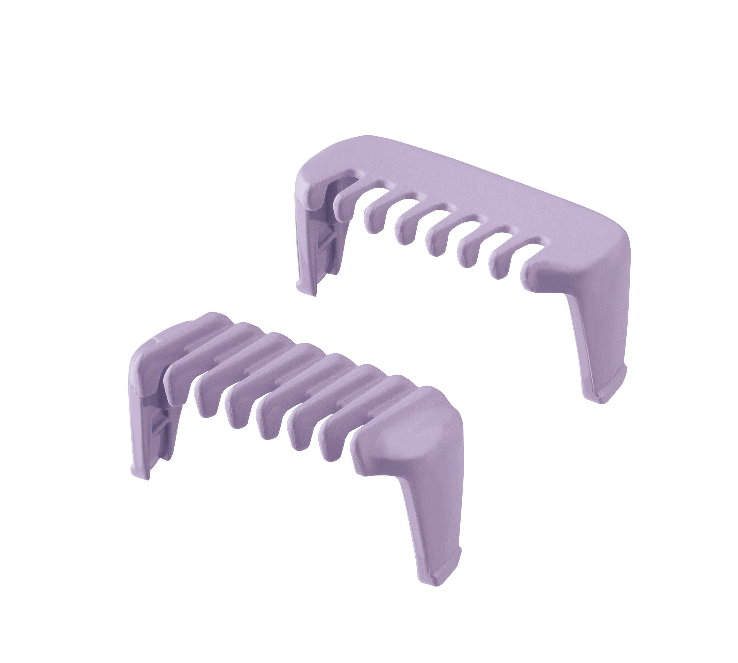Due protezioni per tagliacapelli viola chiaro. Sono angolate con i denti del pettine visibili.