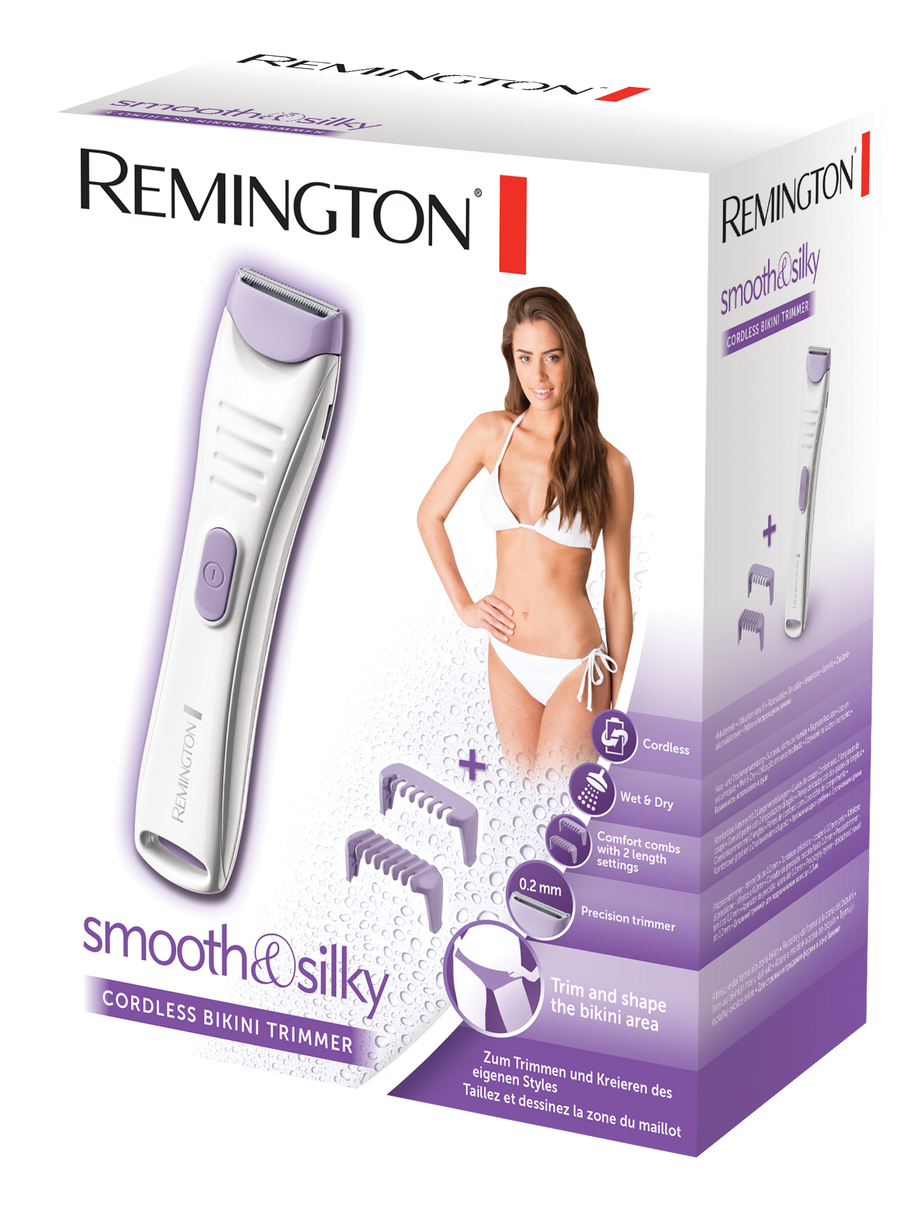 Scatola di un rifinitore bikini Remington liscio e setoso. Una donna in bikini bianco sulla scatola.