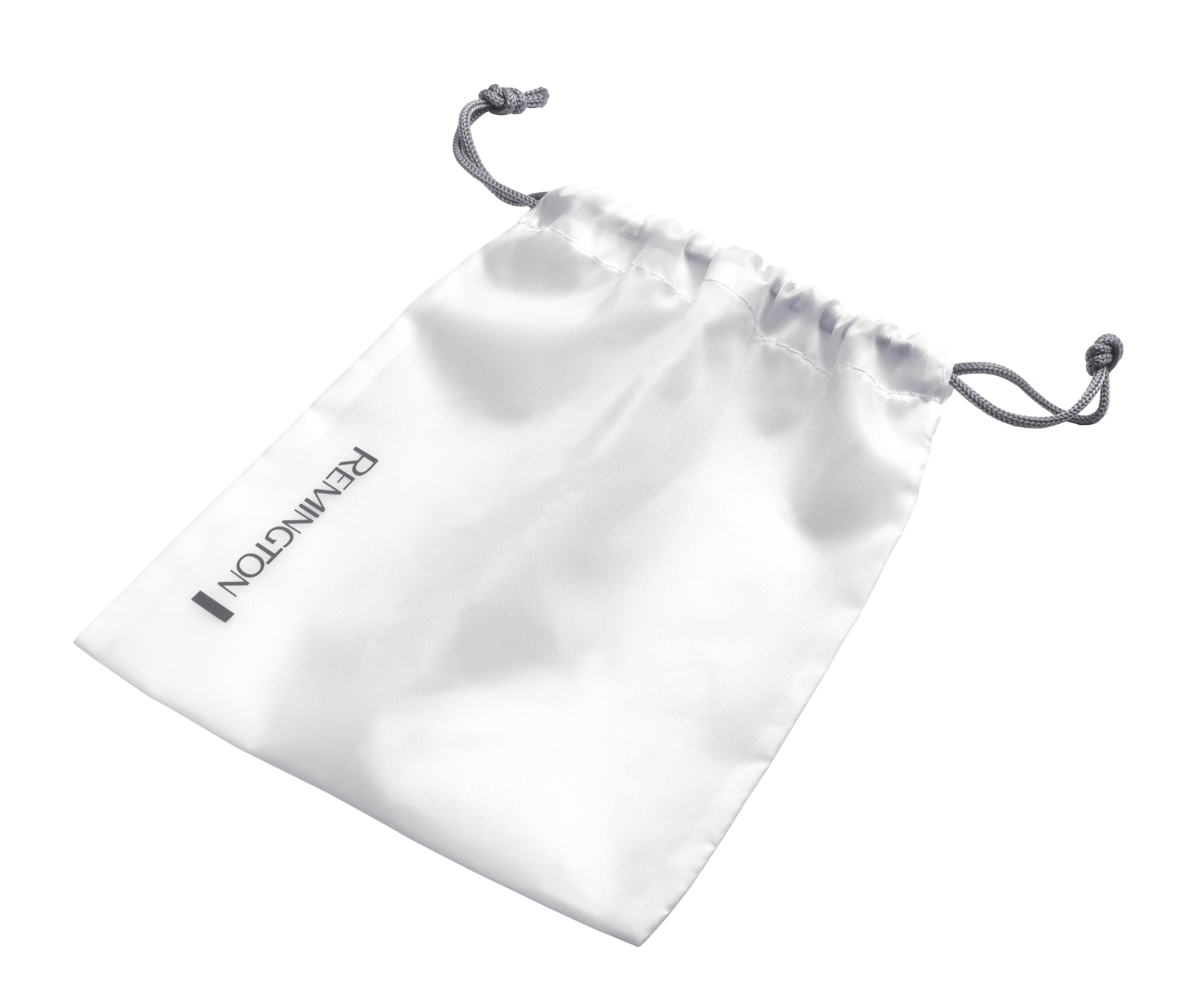 Un sacchetto bianco con coulisse con la scritta 'REMINGTON' stampata sopra, isolato su sfondo bianco.
