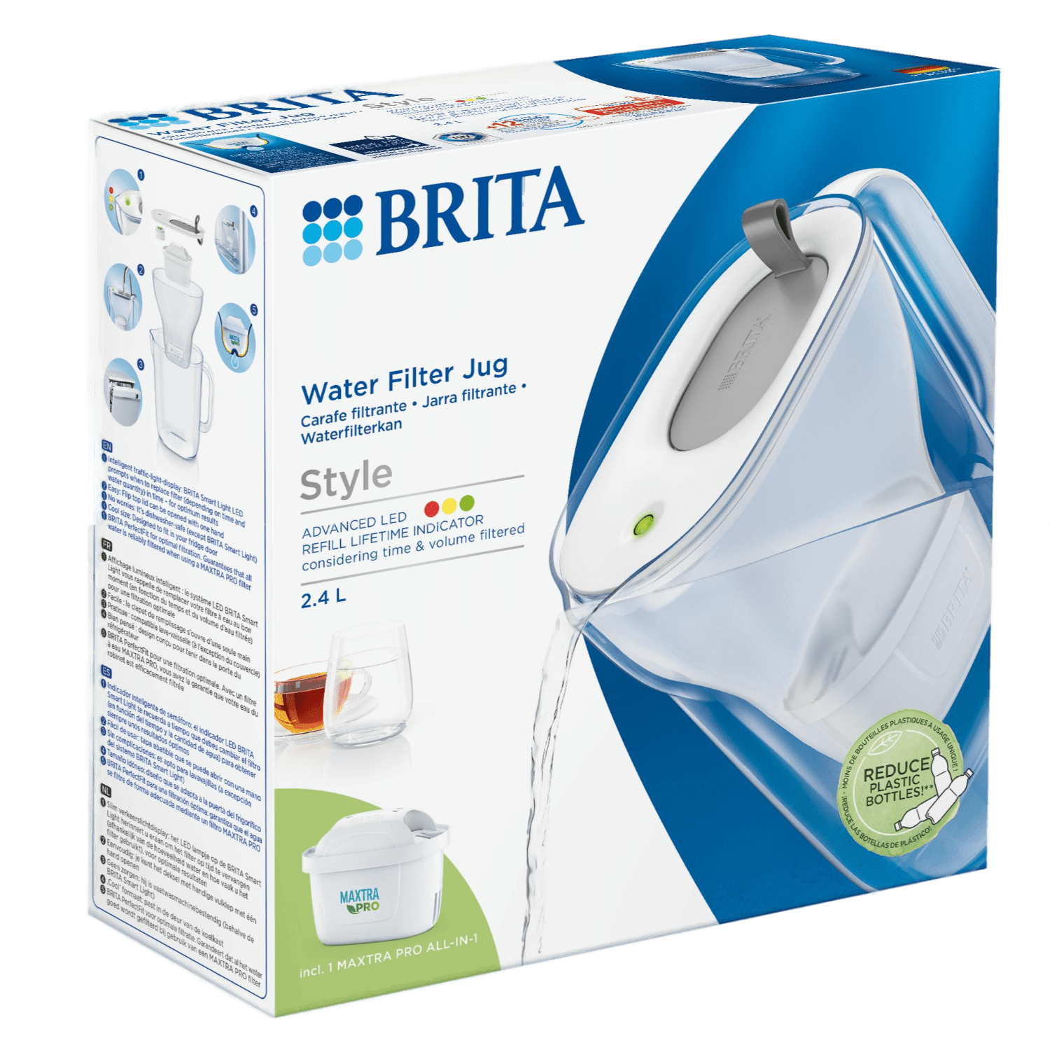 Una caraffa filtrante Brita con una scatola che mostra la caraffa, il filtro e il testo sulla filtrazione dell'acqua.