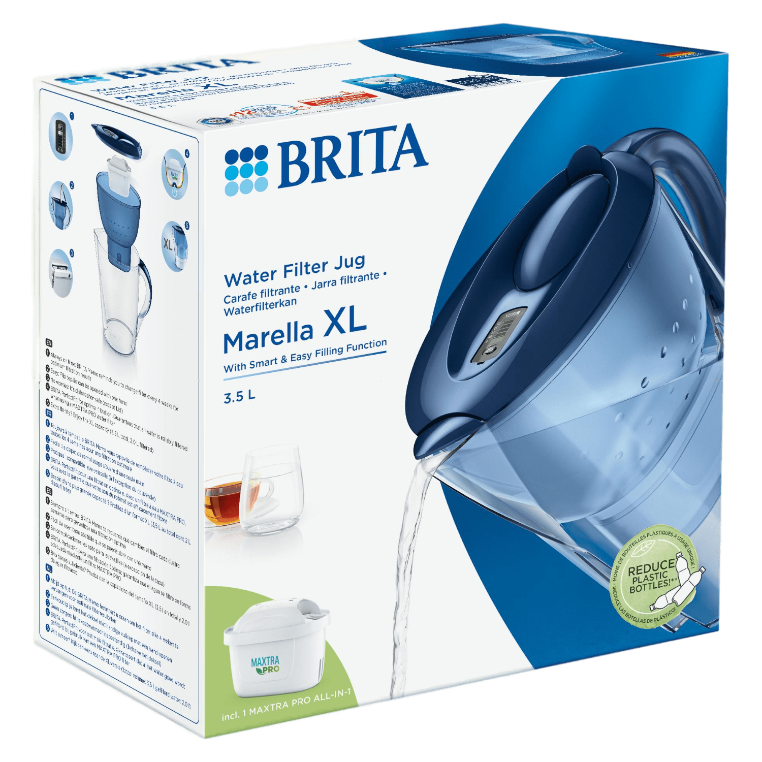 Dzbanek z filtrem do wody Brita na białej powierzchni, z pudełkiem filtrów i szklankami.