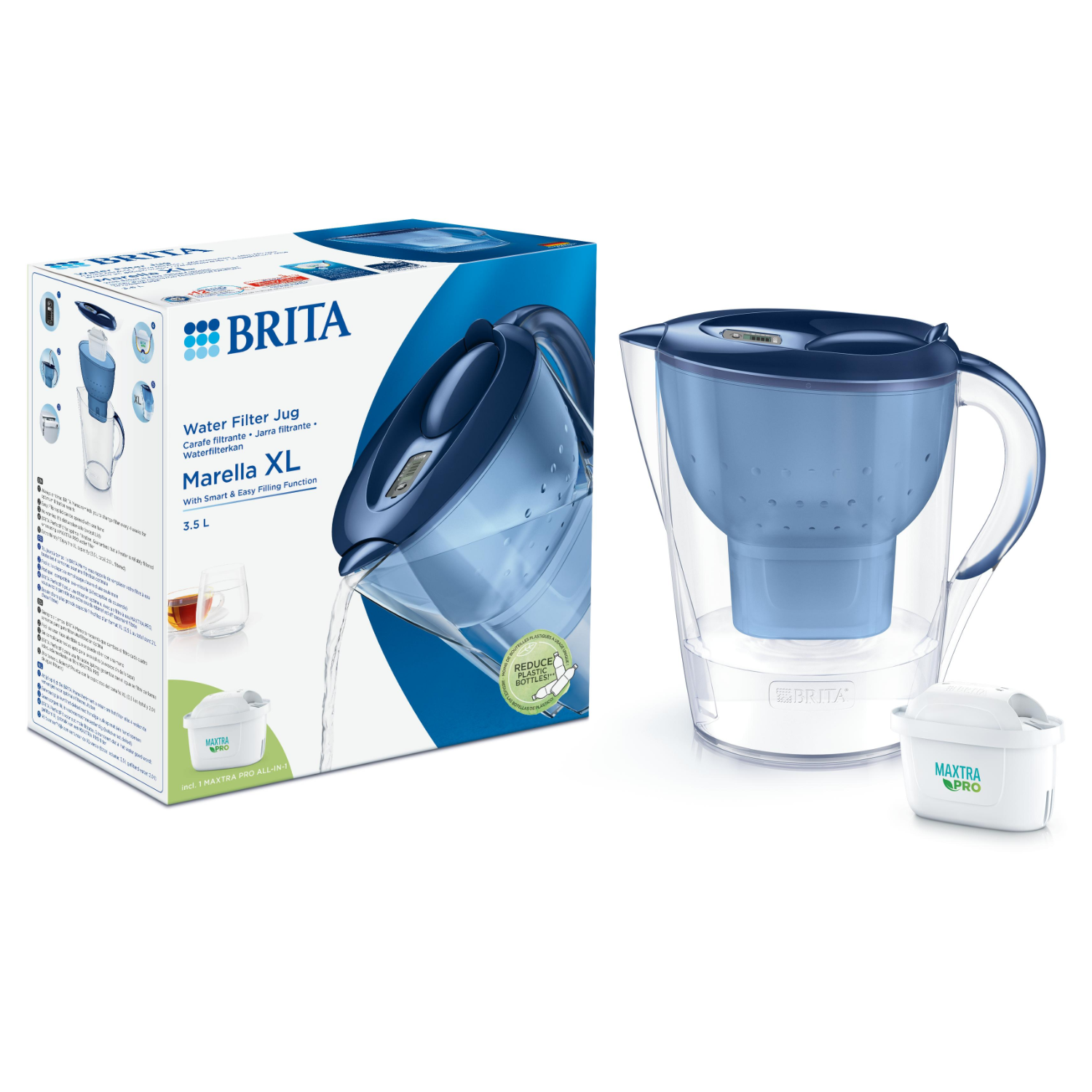 Dzbanek z filtrem do wody z pudełkiem. Dzbanek jest niebiesko-biały, filtr i pudełko na zdjęciu.