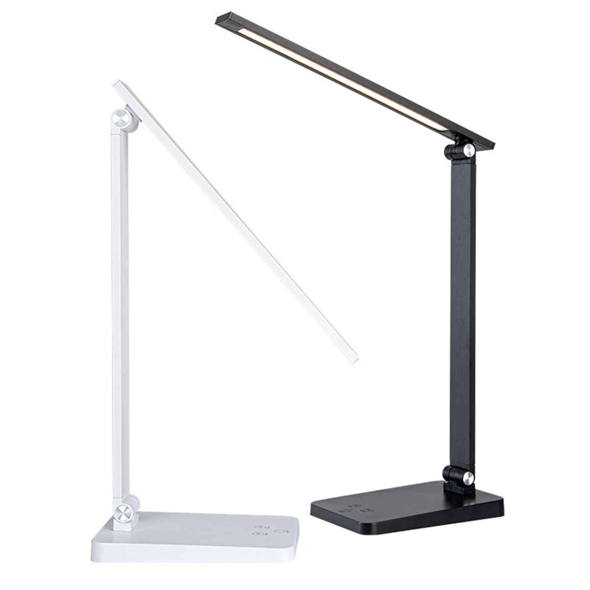 Zwei moderne Schreibtischlampen, eine weiße und eine schwarze, mit verstellbaren Köpfen und rechteckigen Basen.